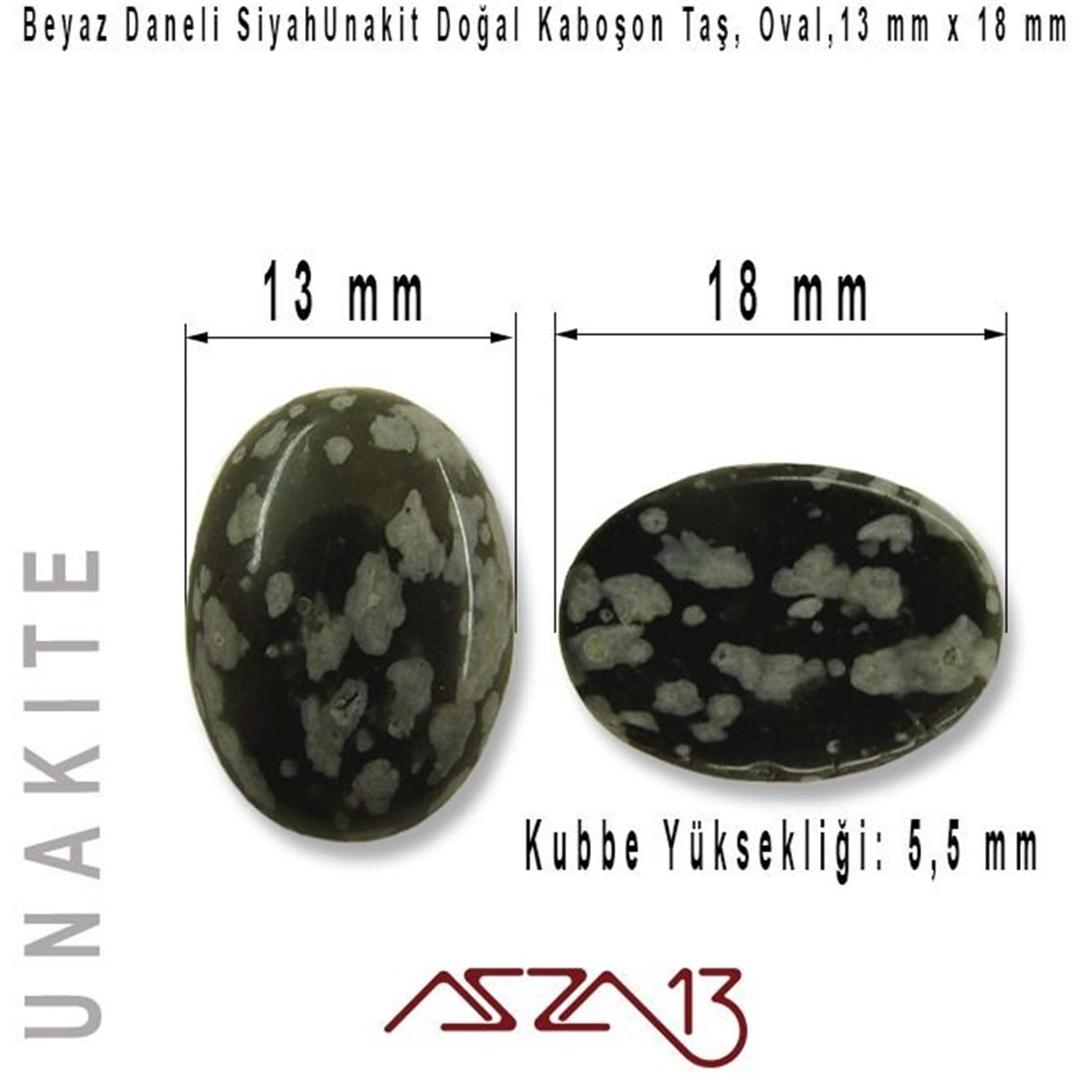 Yarı Değerli Kaboşon Doğal TaşBONCUK ve TAŞMarkasızSiyah Unakit, 13x18 mm, Doğal Taş Kaboşon / Paket İçeriği 1 Adet