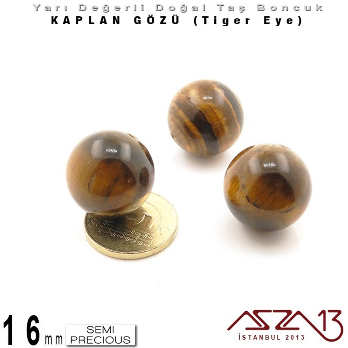 Yarı Değerli Taş BoncuklarBONCUK ve TAŞMarkasız16 mm - Yuvarlak - Kahve, Düz Yüzey - Kaplan Gözü (Tiger Eye) / 3 Adet