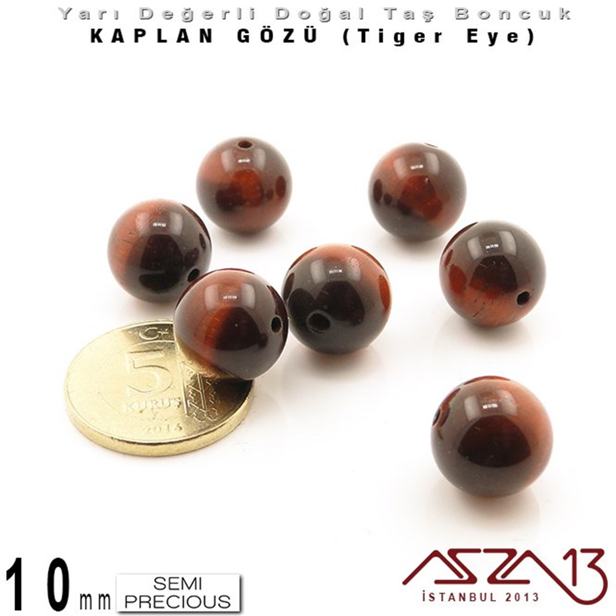 Yarı Değerli Taş BoncuklarBONCUK ve TAŞMarkasız10 mm - Yuvarlak - Kızıl, Düz Yüzey - Kaplan Gözü (Tiger Eye) / 7 Adet