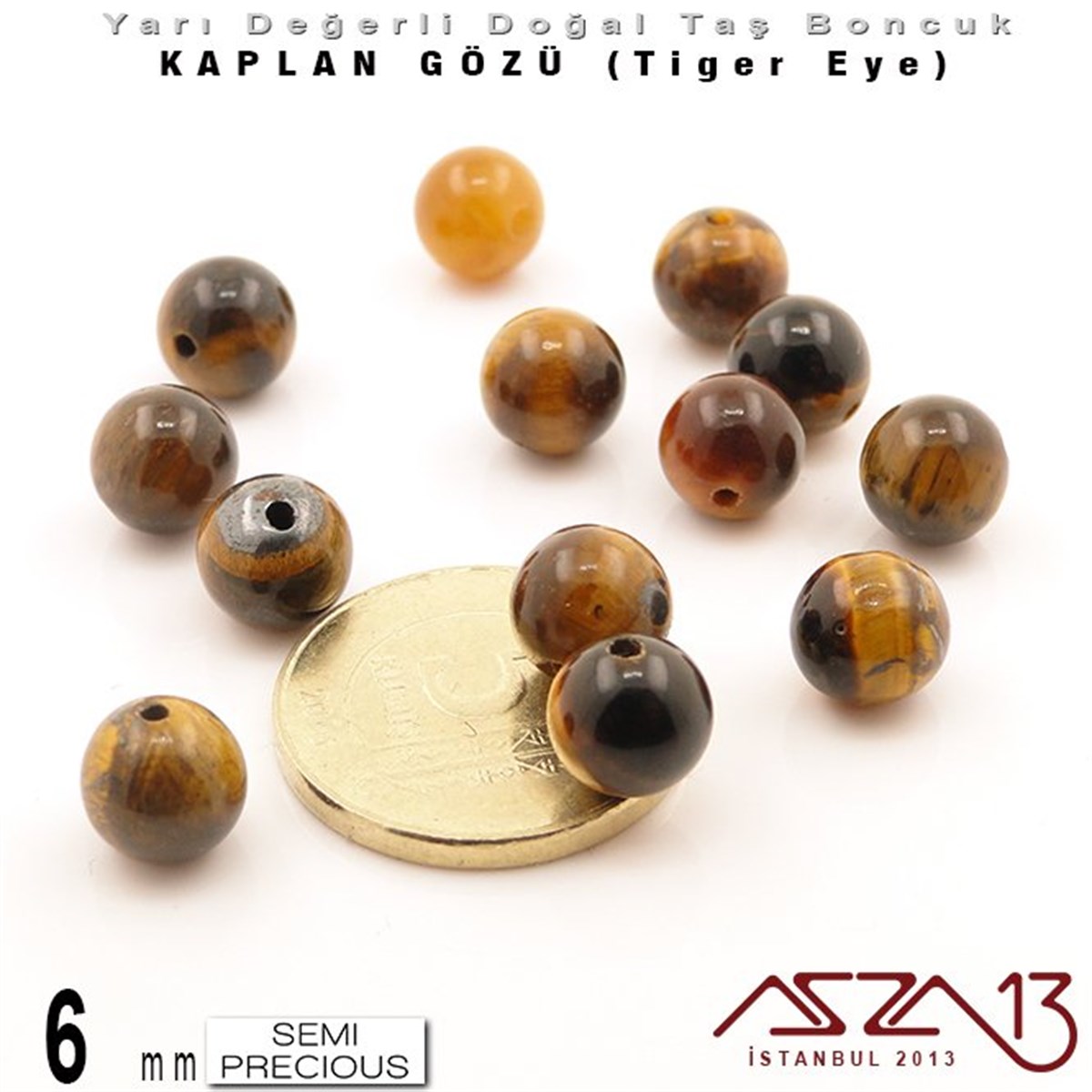 Yarı Değerli Taş BoncuklarBONCUK ve TAŞMarkasız6 mm - Yuvarlak - Kahve, Düz Yüzey - Kaplan Gözü (Tiger Eye) / 13 Adet