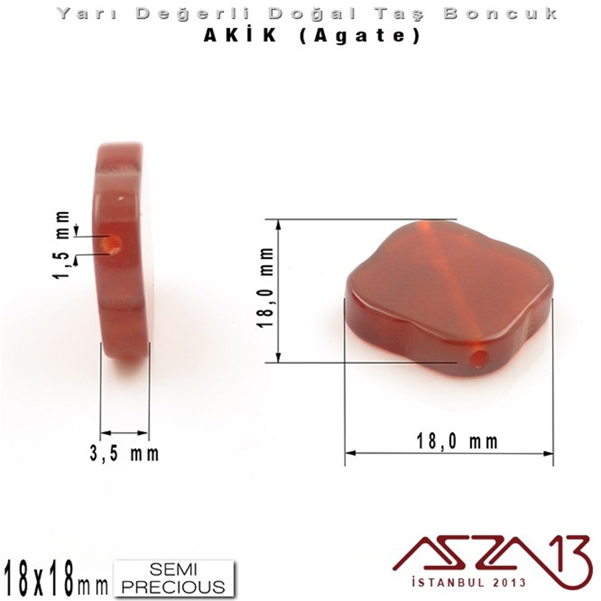Yarı Değerli Taş BoncuklarBONCUK ve TAŞMarkasız18x18 mm - Rhombus - Düz Yüzey - Akik (Agate) / 3 Adet