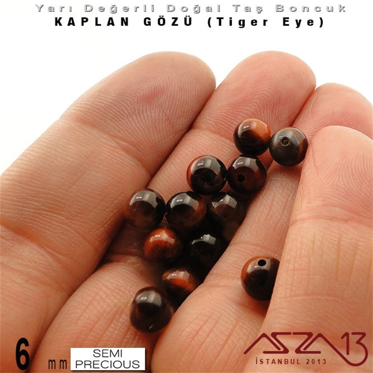 Yarı Değerli Taş BoncuklarBONCUK ve TAŞMarkasız6 mm - Yuvarlak - Kızıl, Düz Yüzey - Kaplan Gözü (Tiger Eye) / 13 Adet