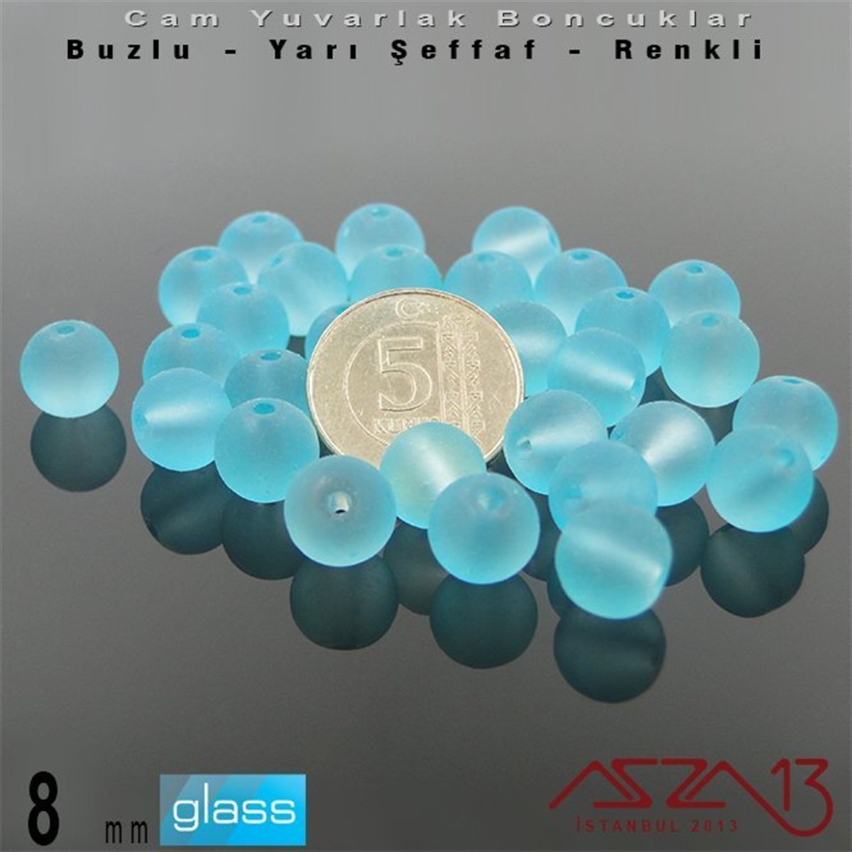 Yuvarlak Cam BoncuklarBONCUK ve TAŞMarkasızYuvarlak - 8 mm - Neon Mavi - Yarı Şeffaf - Buzlu Yüzey - Cam Boncuk / 30 Adet