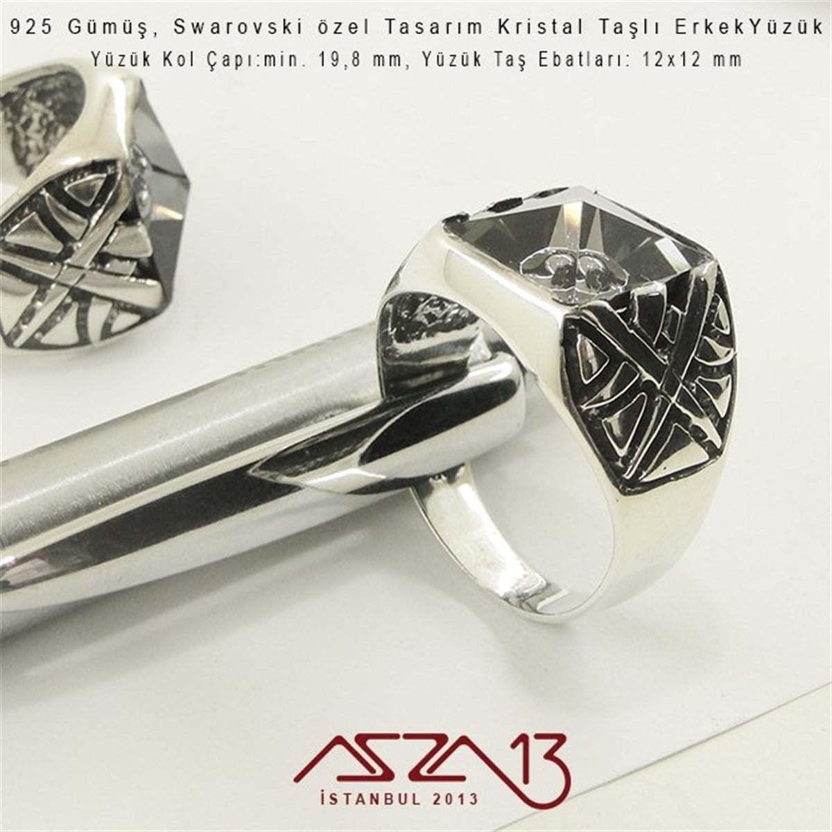 Yüzük MalzemeleriTAKI MALZEMEazza13925 Gümüş, Swarovski Özel Tasarım Kristal Taşlı Erkek Yüzük / 19,8 mm