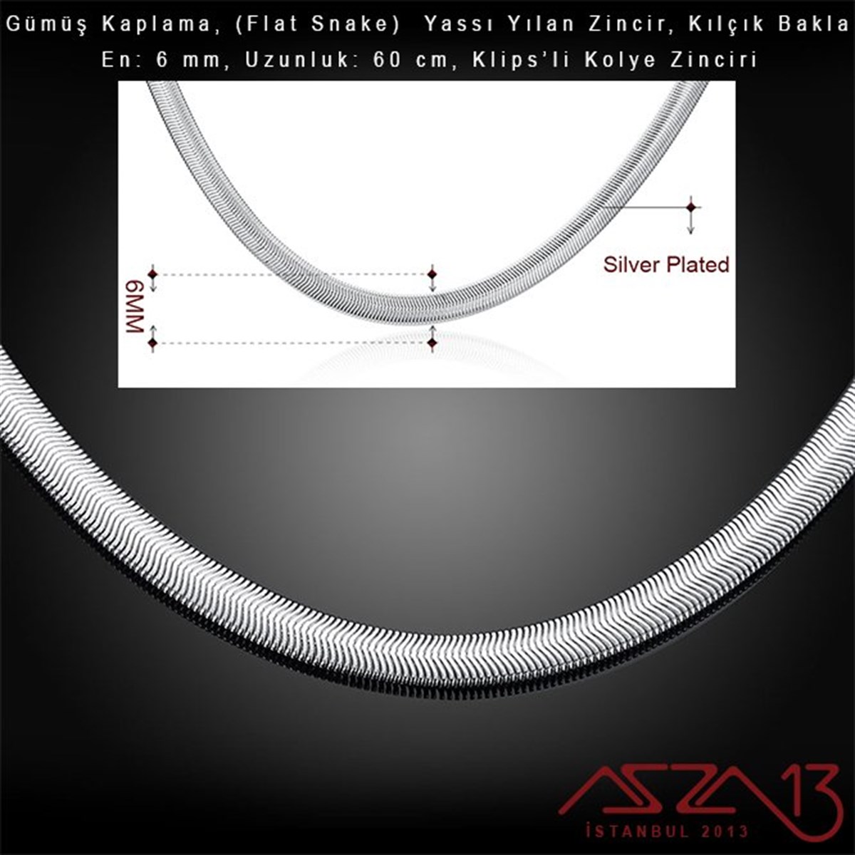 Zincir KolyelerTAKI MALZEMEMarkasızGümüş Kaplama 60 cm - 6 mm Pirinç Yassı Yuvarlak Yılan, Klipsli Kolye Zinciri