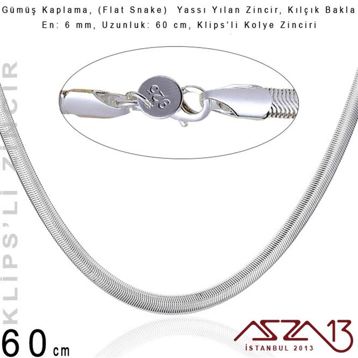 Zincir KolyelerTAKI MALZEMEMarkasızGümüş Kaplama 60 cm - 6 mm Pirinç Yassı Yuvarlak Yılan, Klipsli Kolye Zinciri