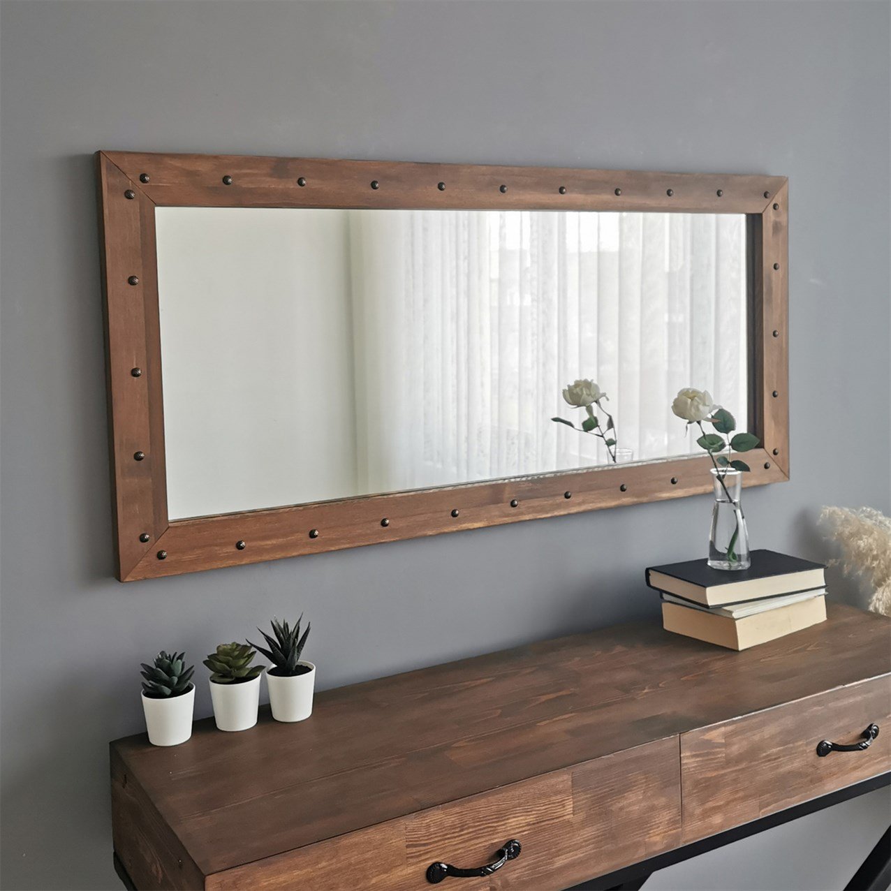 NEOstill - Ahşap Zımbalı Ceviz Ayna 50x110