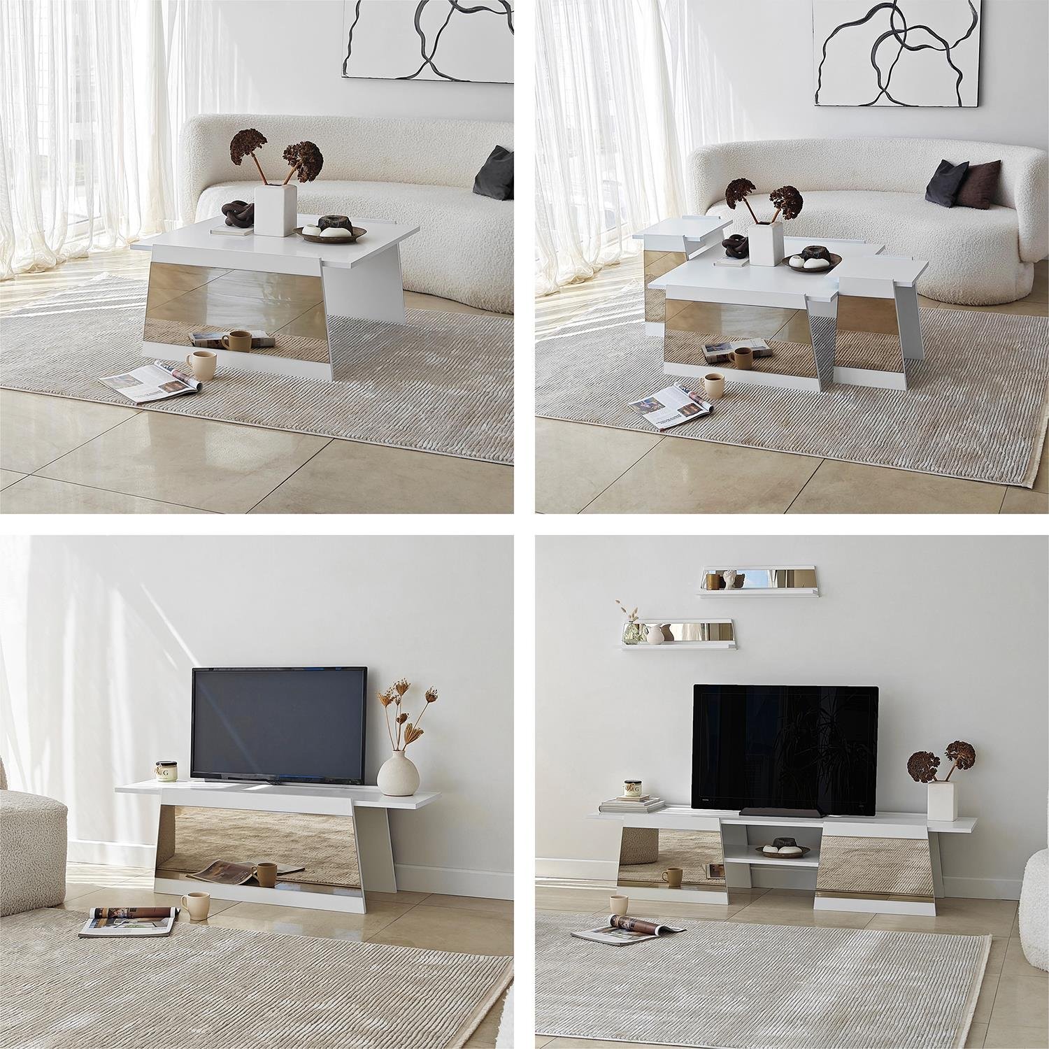 NEOstill - Queen 3 lü Zigon Sehpa Beyaz-Bronz Ayna