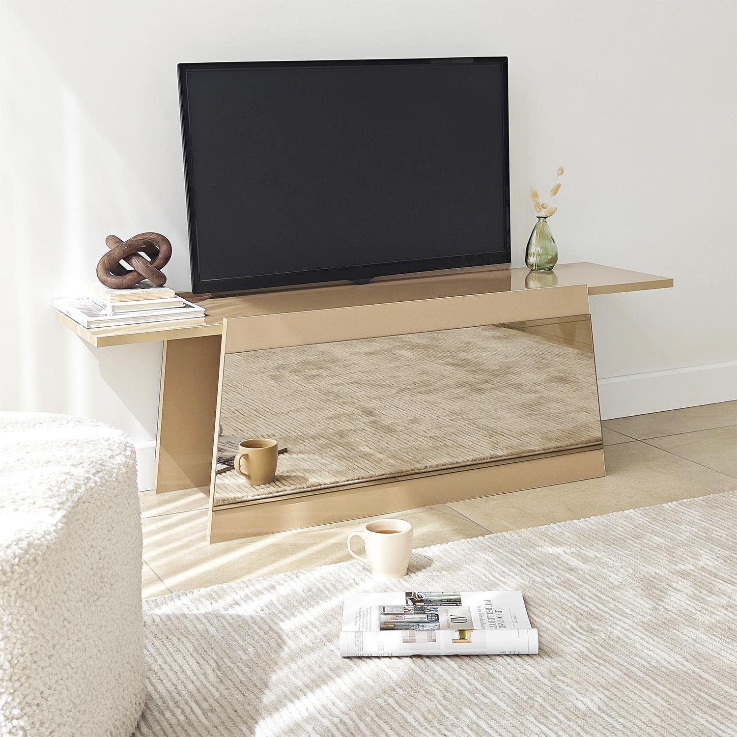 NEOstill - Queen Tv Sehpası 120cm Bej-Bronz Ayna