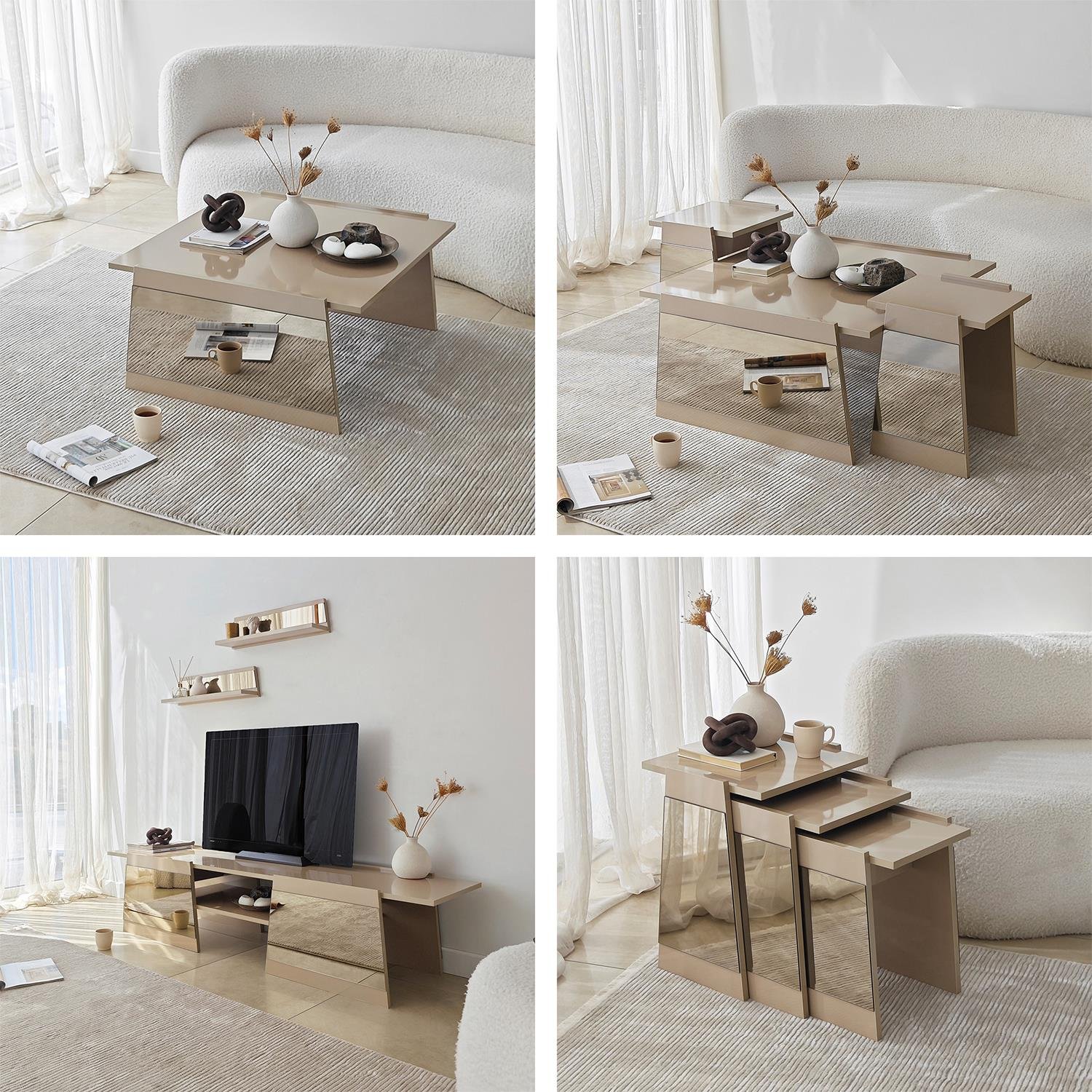 NEOstill - Queen Tv Sehpası 120cm Bej-Bronz Ayna