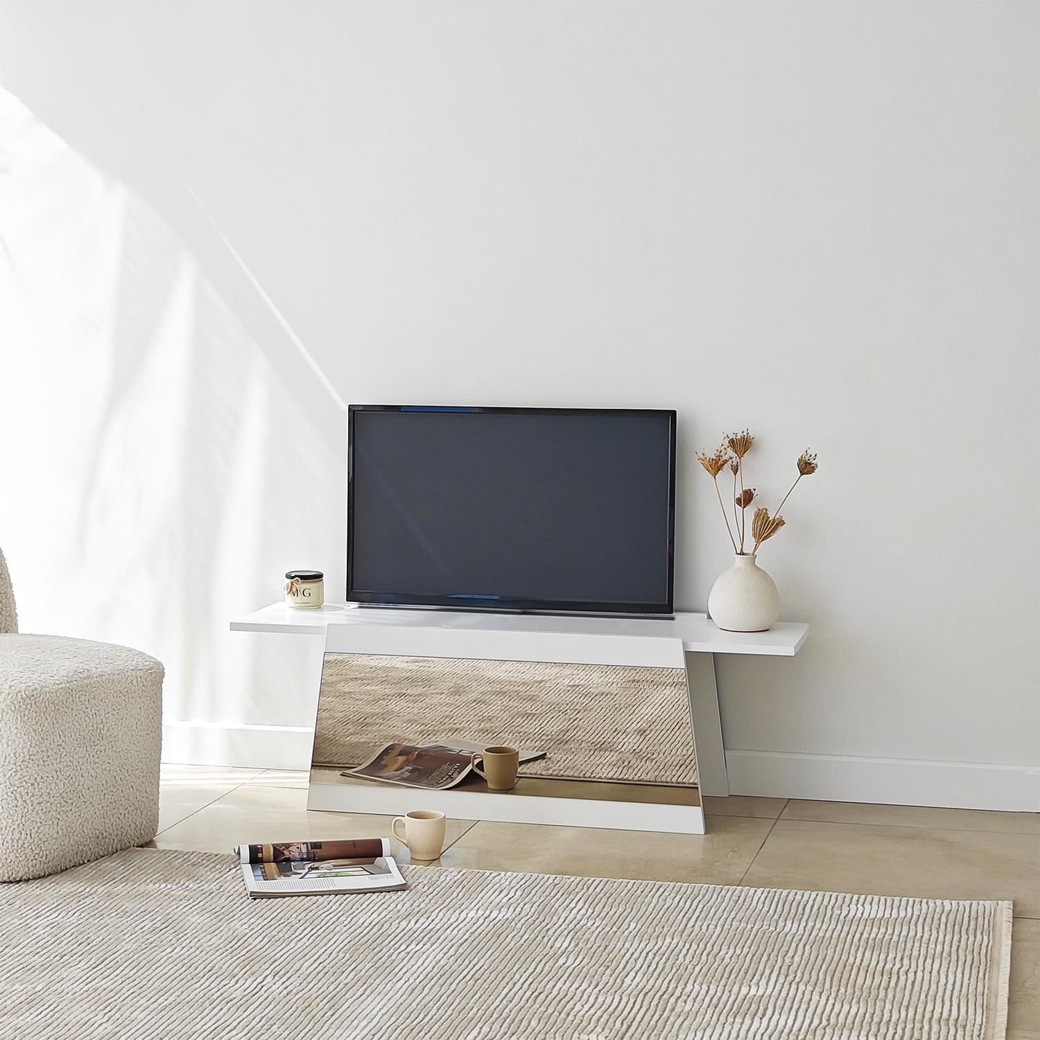 NEOstill - Queen Tv Sehpası 120cm Beyaz-Bronz Ayna