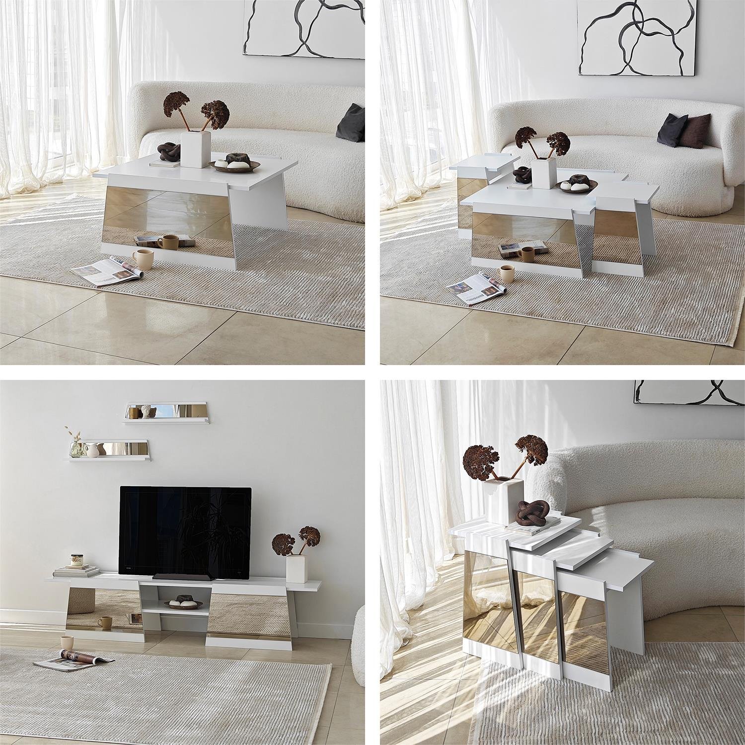 NEOstill - Queen Tv Sehpası 120cm Beyaz-Bronz Ayna