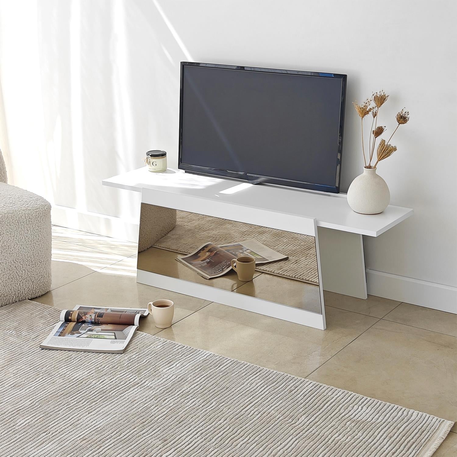 NEOstill - Queen Tv Sehpası 120cm Beyaz-Bronz Ayna