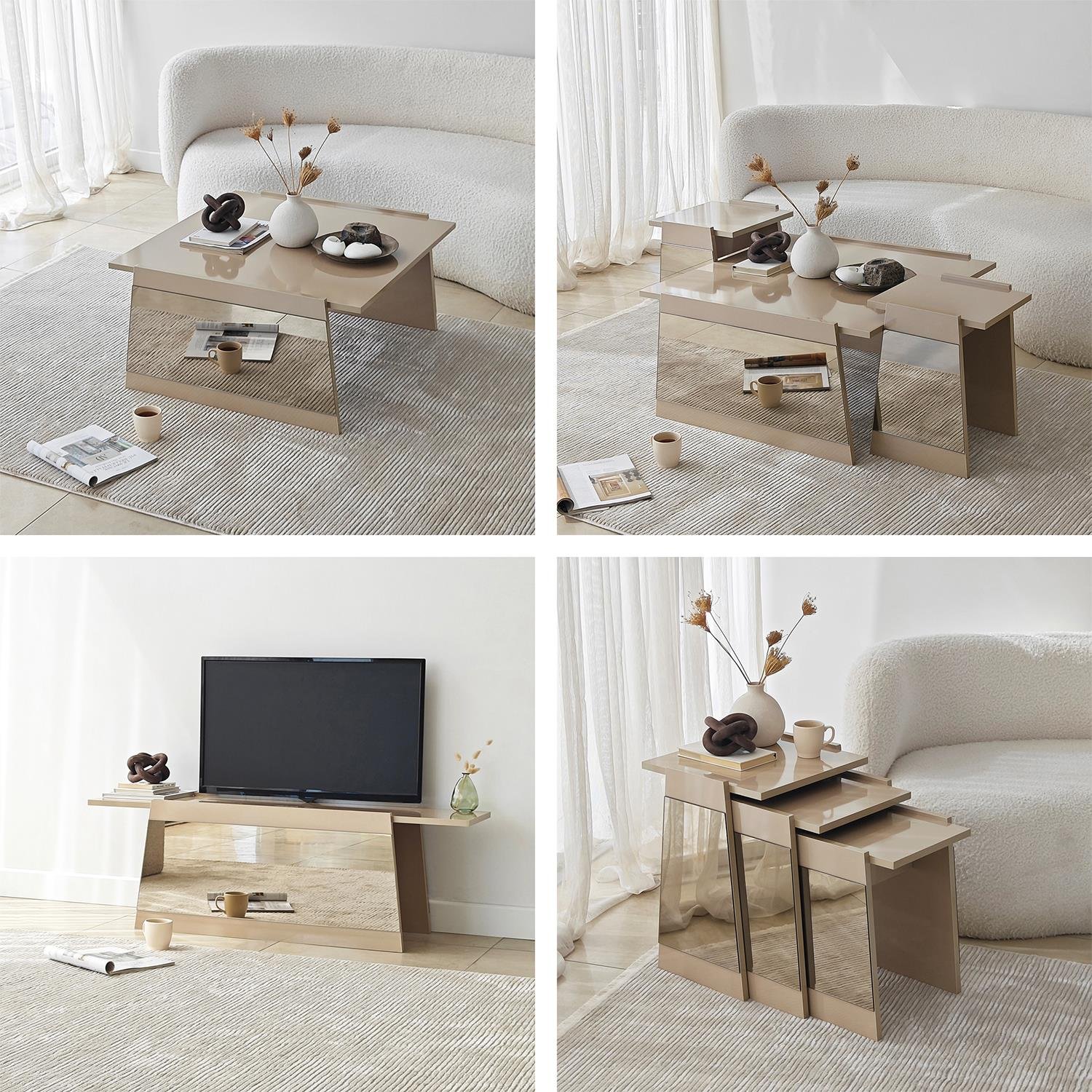 NEOstill - Queen Tv Sehpası 180cm Bej-Bronz Ayna