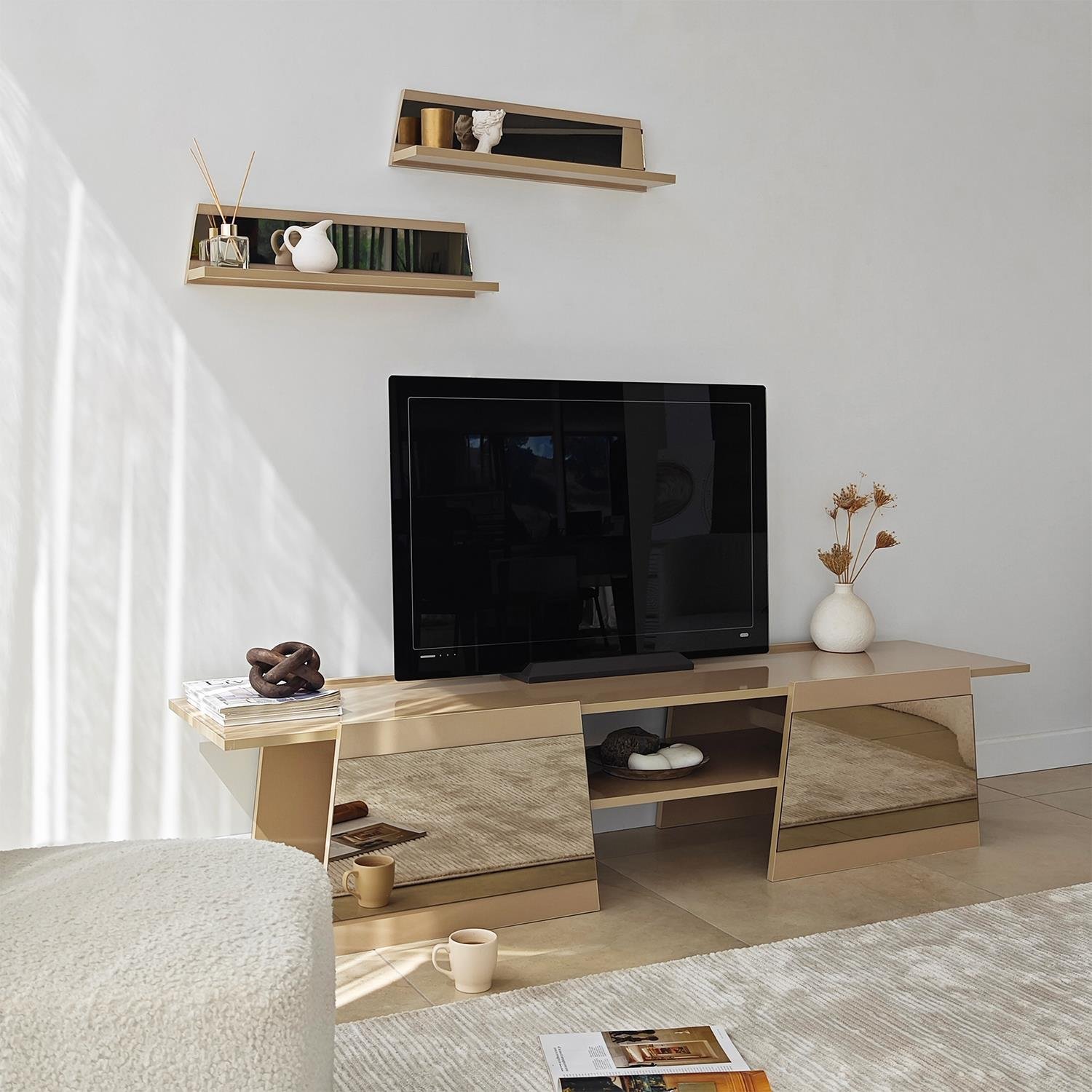 NEOstill - Queen Tv Sehpası 180cm Bej-Bronz Ayna