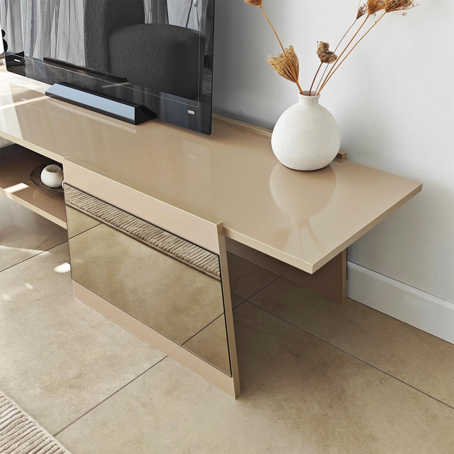 NEOstill - Queen Tv Sehpası 180cm Bej-Bronz Ayna