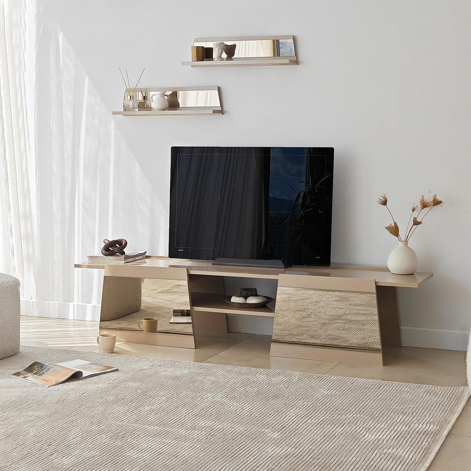 NEOstill - Queen Tv Sehpası 180cm Bej-Bronz Ayna
