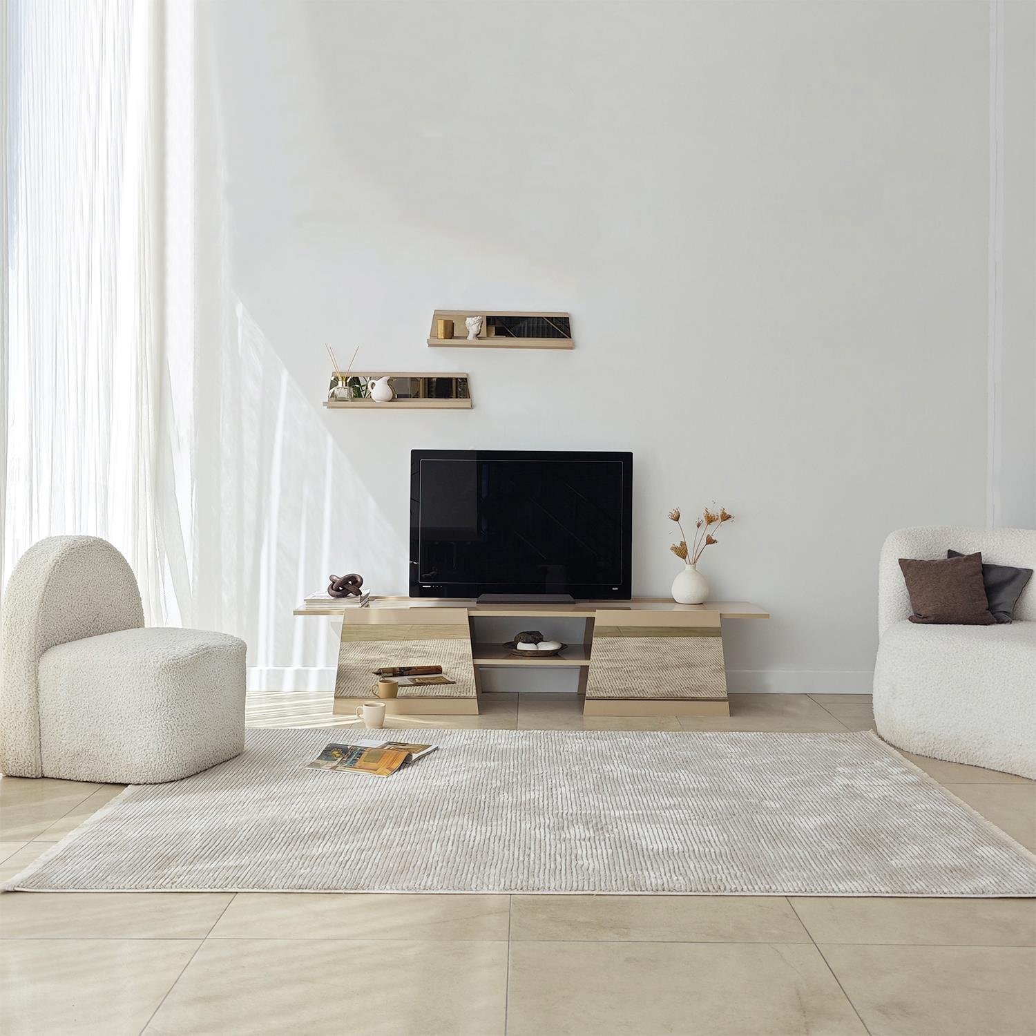 NEOstill - Queen Tv Sehpası 180cm Bej-Bronz Ayna