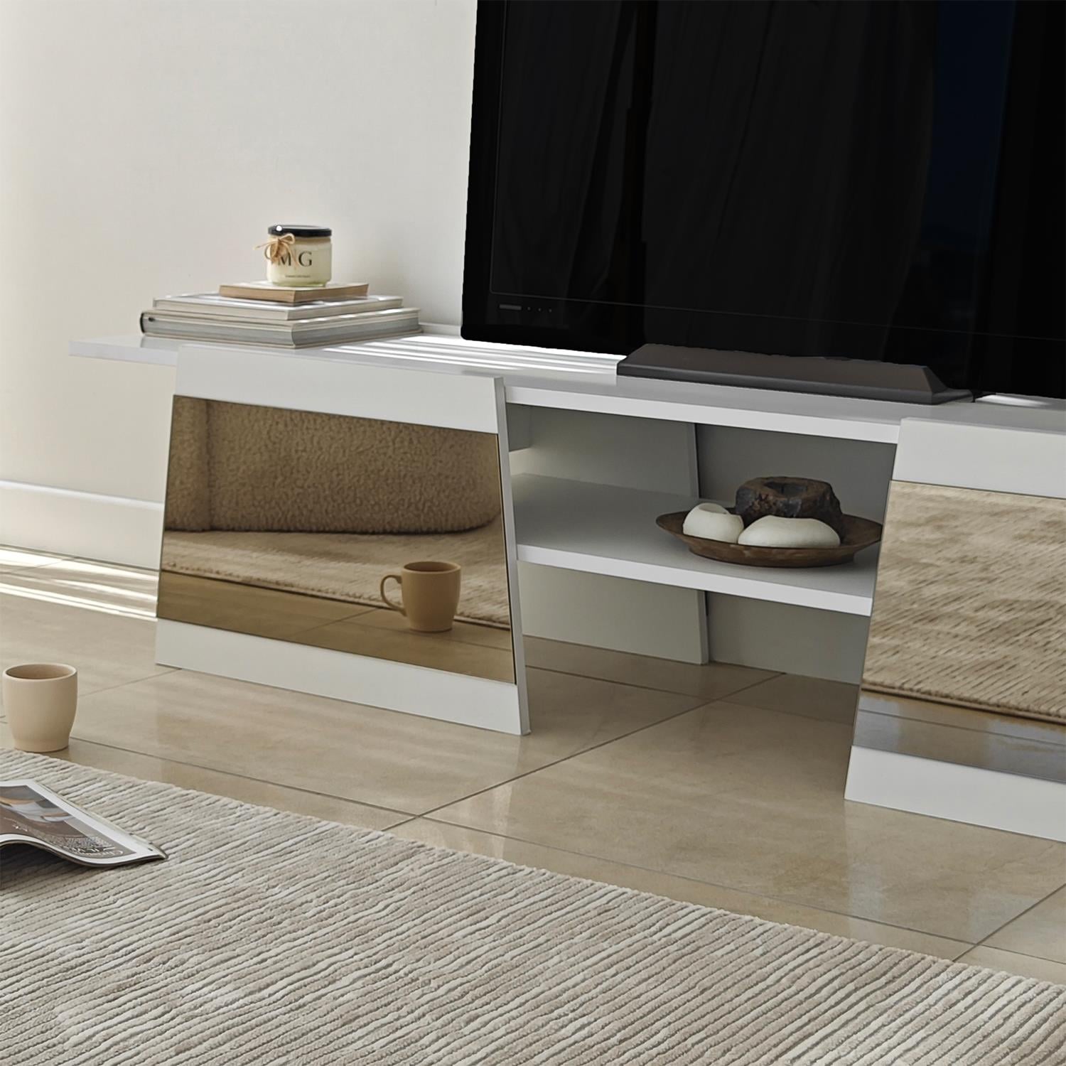 NEOstill - Queen Tv Sehpası 180cm Beyaz-Bronz Ayna