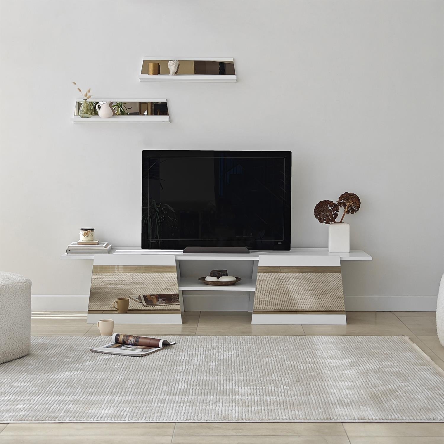 NEOstill - Queen Tv Sehpası 180cm Beyaz-Bronz Ayna