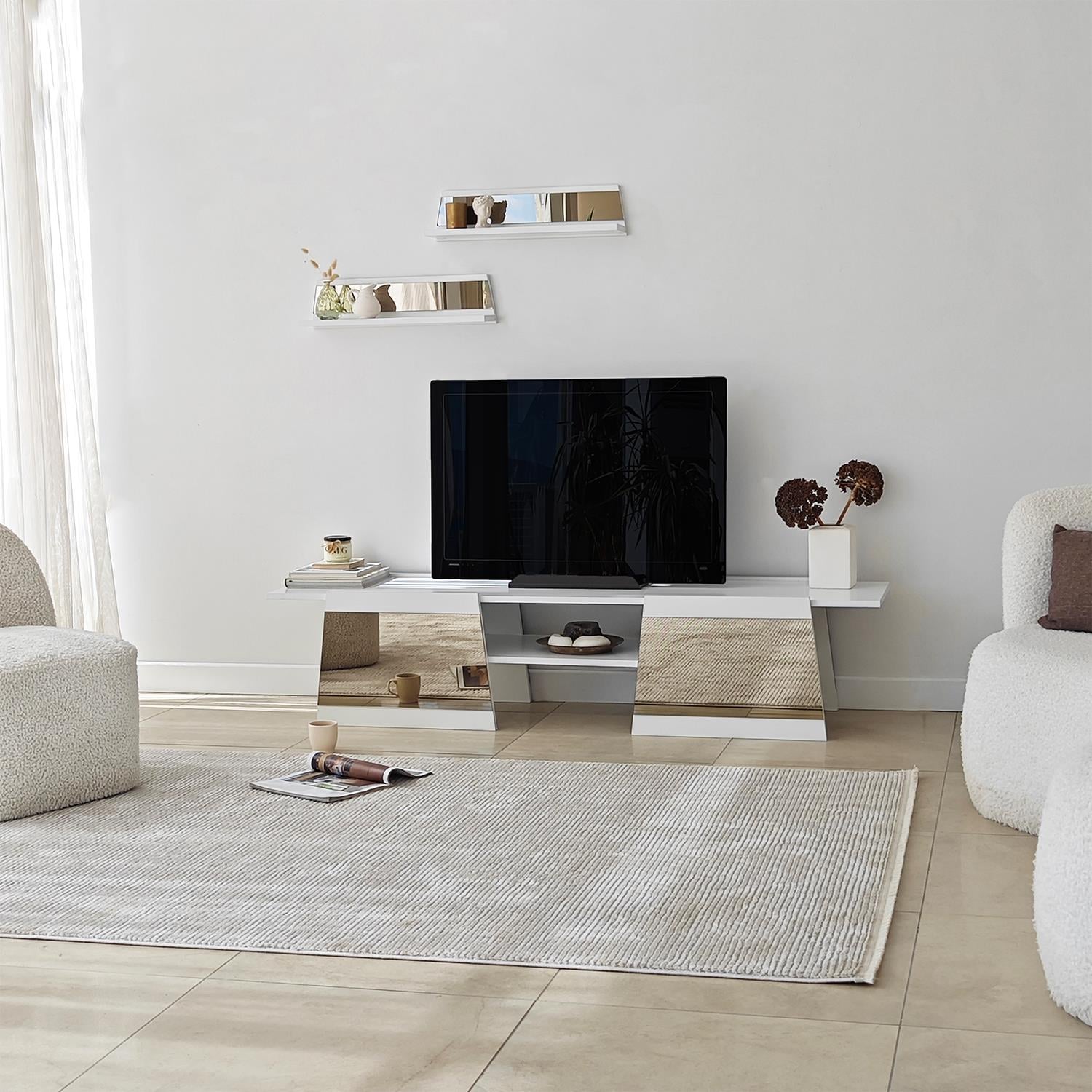 NEOstill - Queen Tv Sehpası 180cm Beyaz-Bronz Ayna