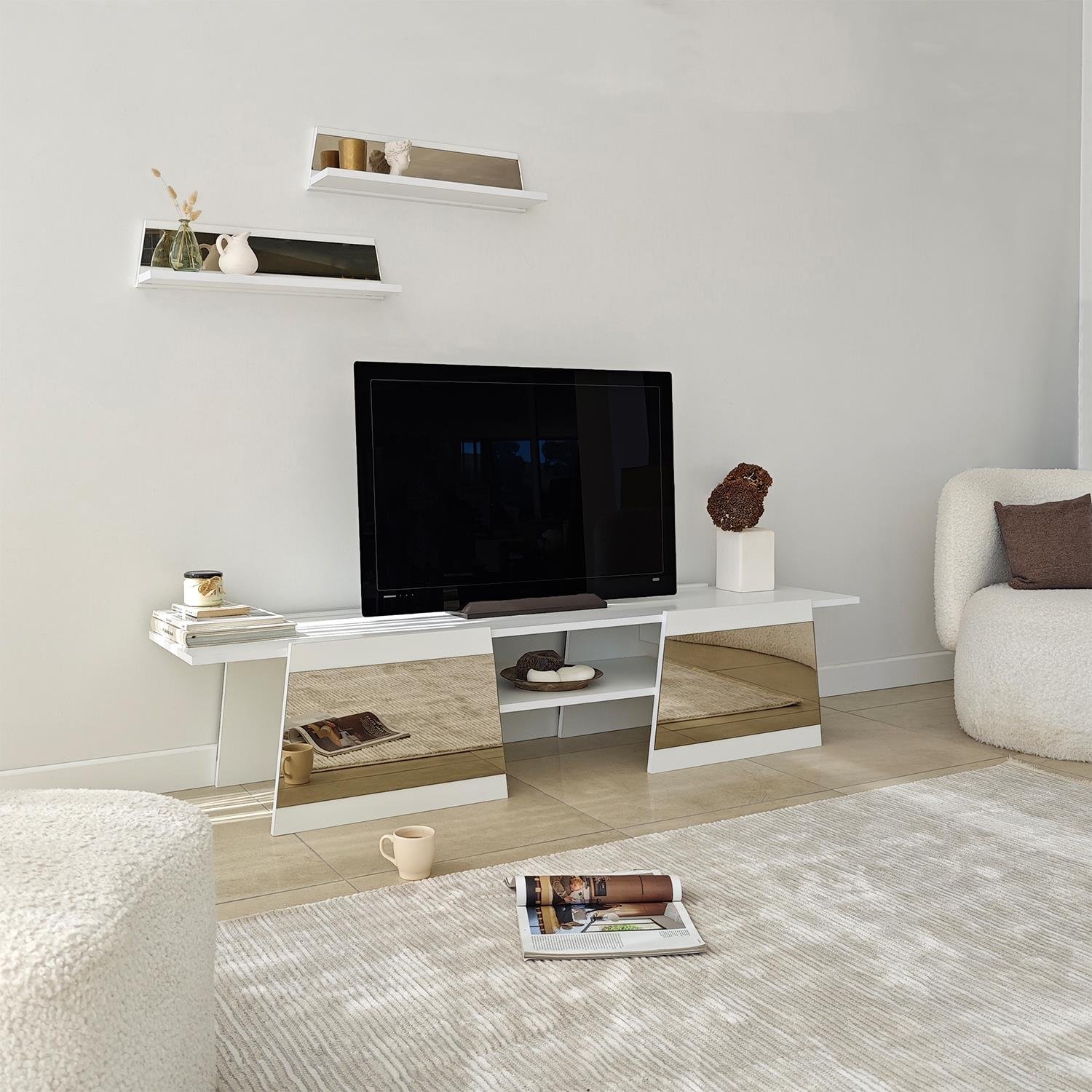 NEOstill - Queen Tv Sehpası 180cm Beyaz-Bronz Ayna