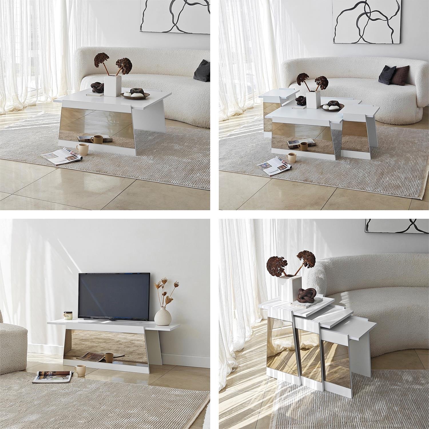 NEOstill - Queen Tv Sehpası 180cm Beyaz-Bronz Ayna