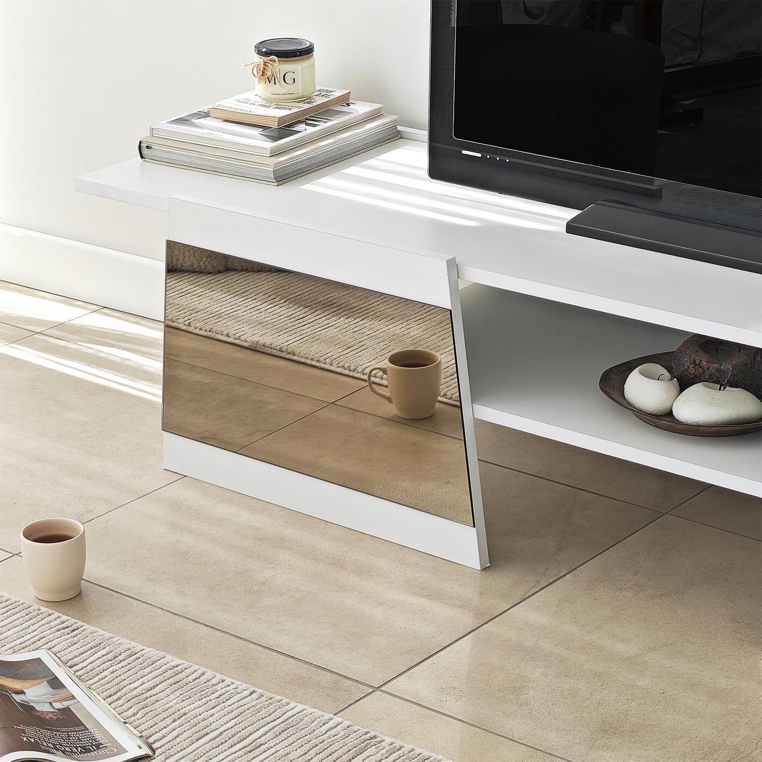 NEOstill - Queen Tv Sehpası 180cm Beyaz-Bronz Ayna