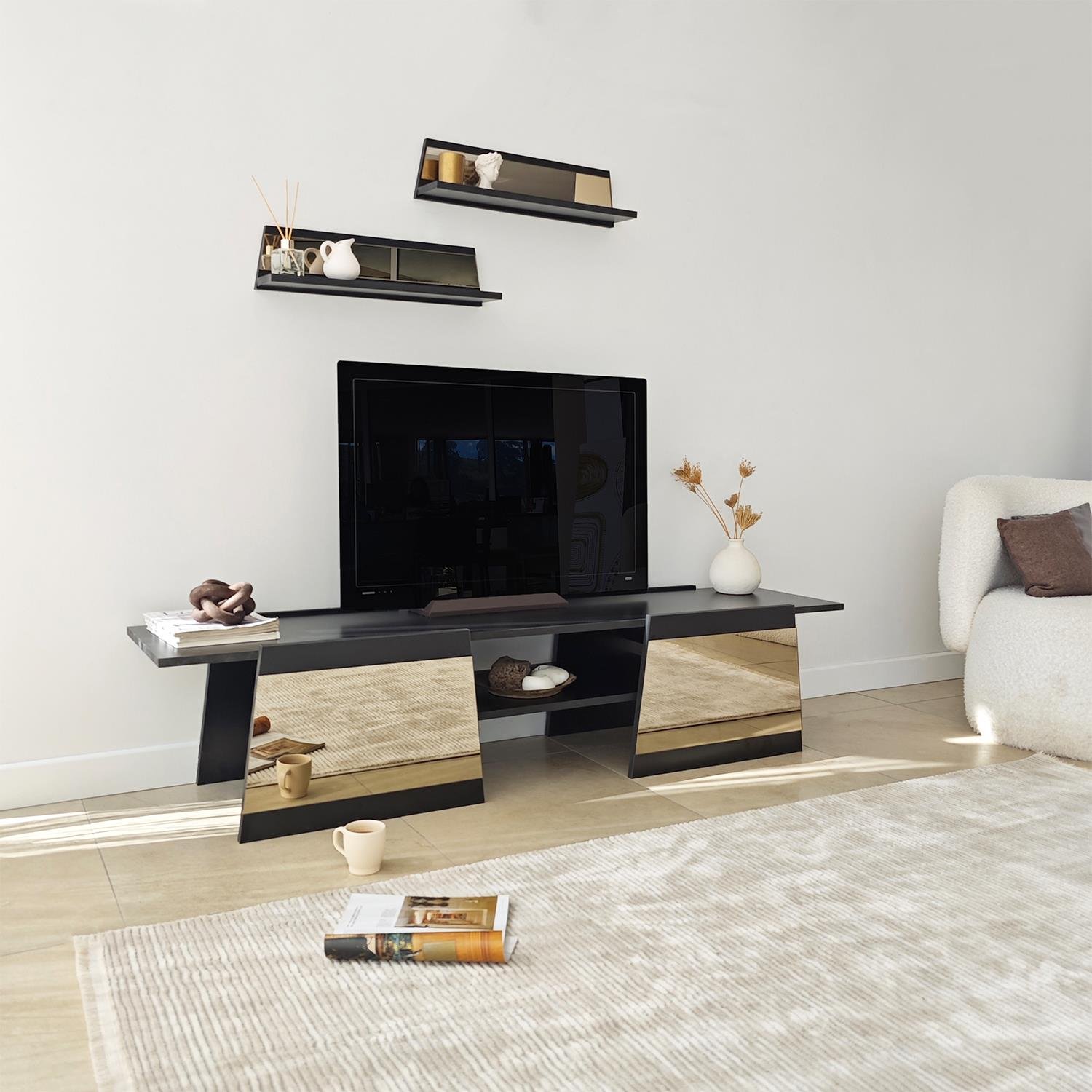 NEOstill - Queen Tv Sehpası 180cm Siyah-Bronz Ayna