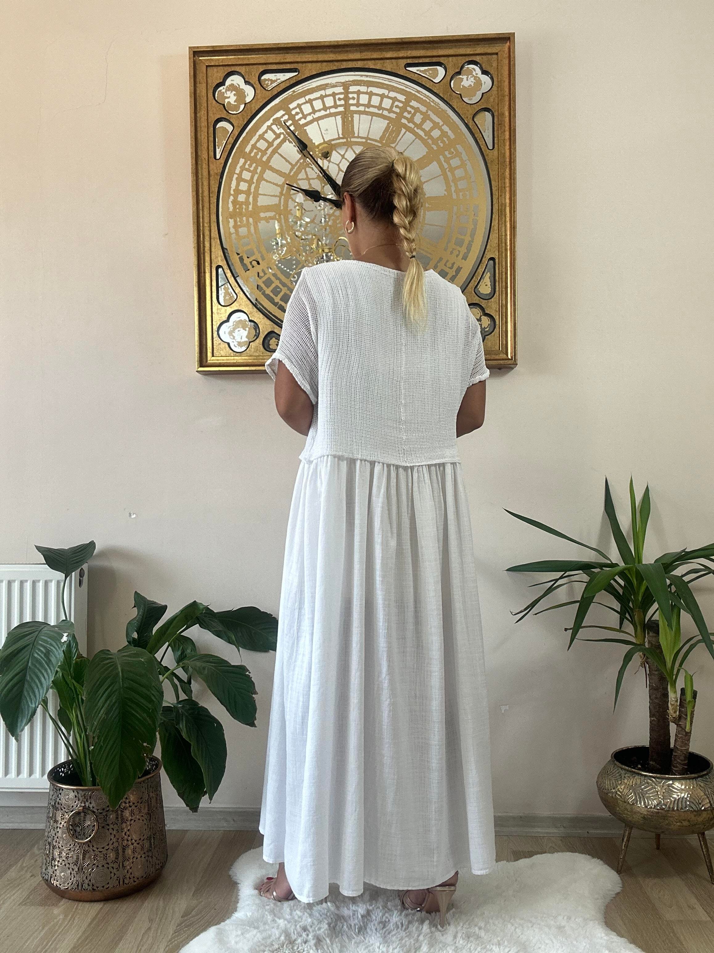 340 İtalyan Pamuk Keten Elbise Beyaz 
