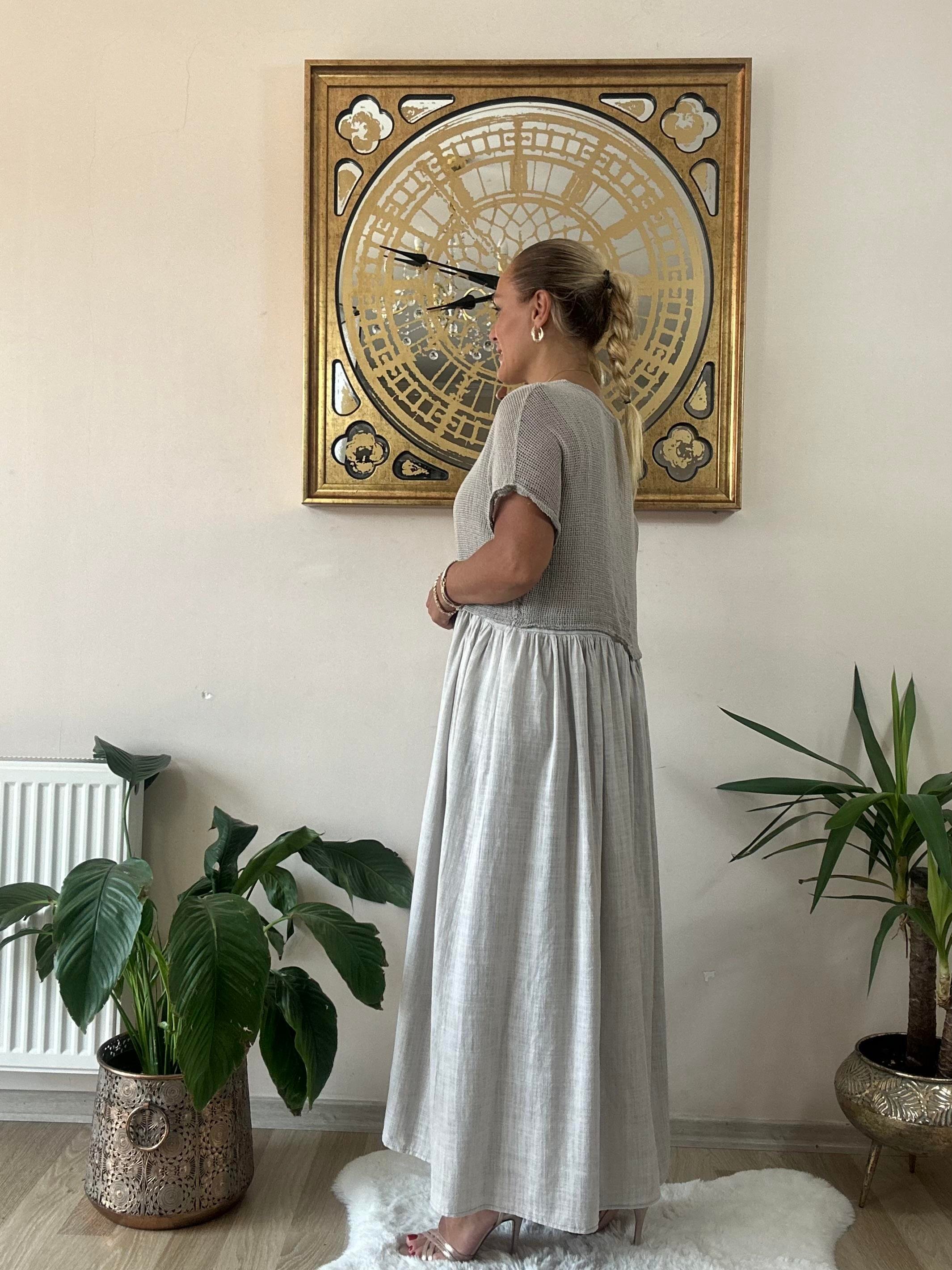 342 İtalyan Pamuk Keten Elbise Bej