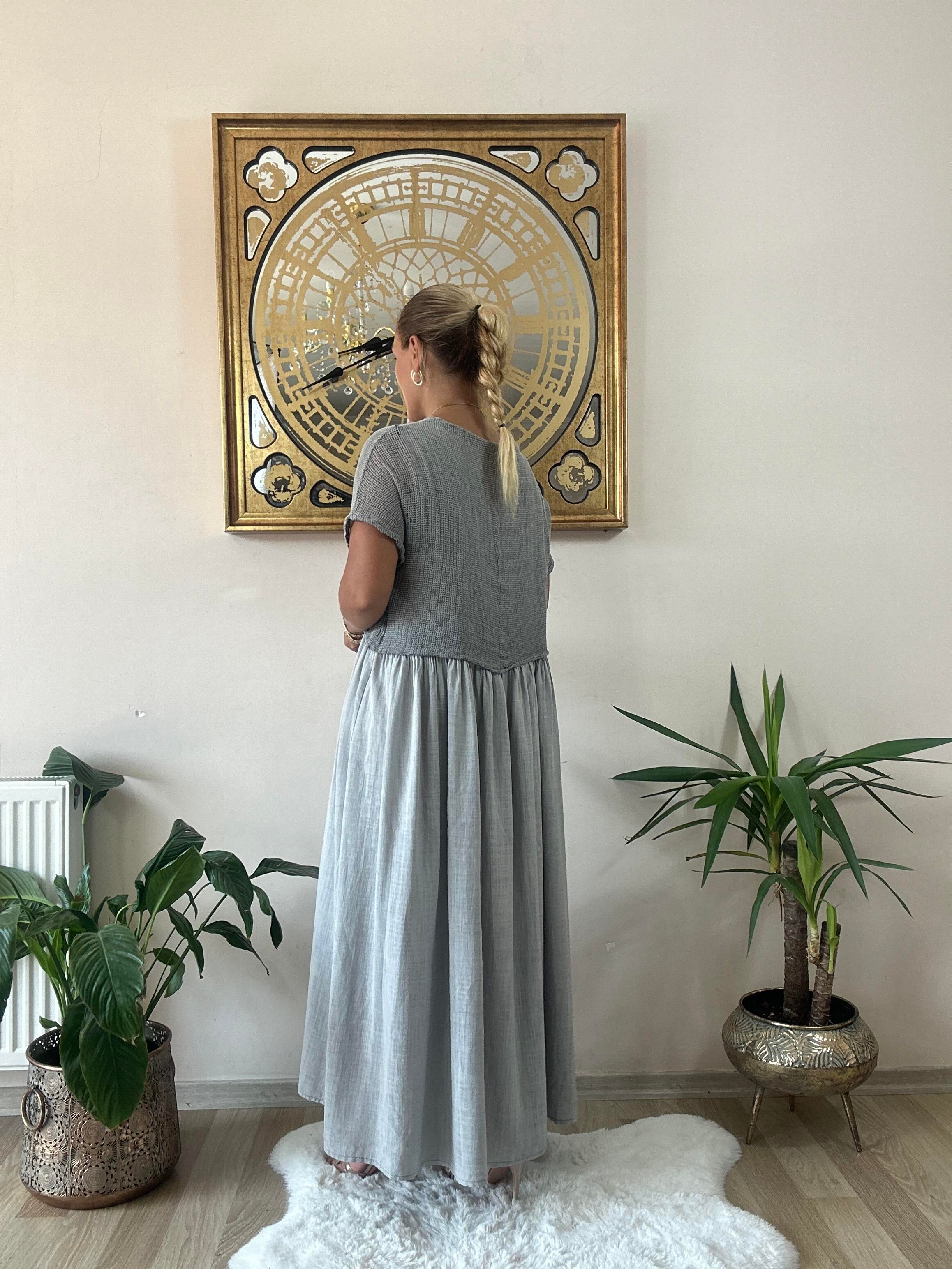 343 İtalyan Pamuk Keten Elbise Gri