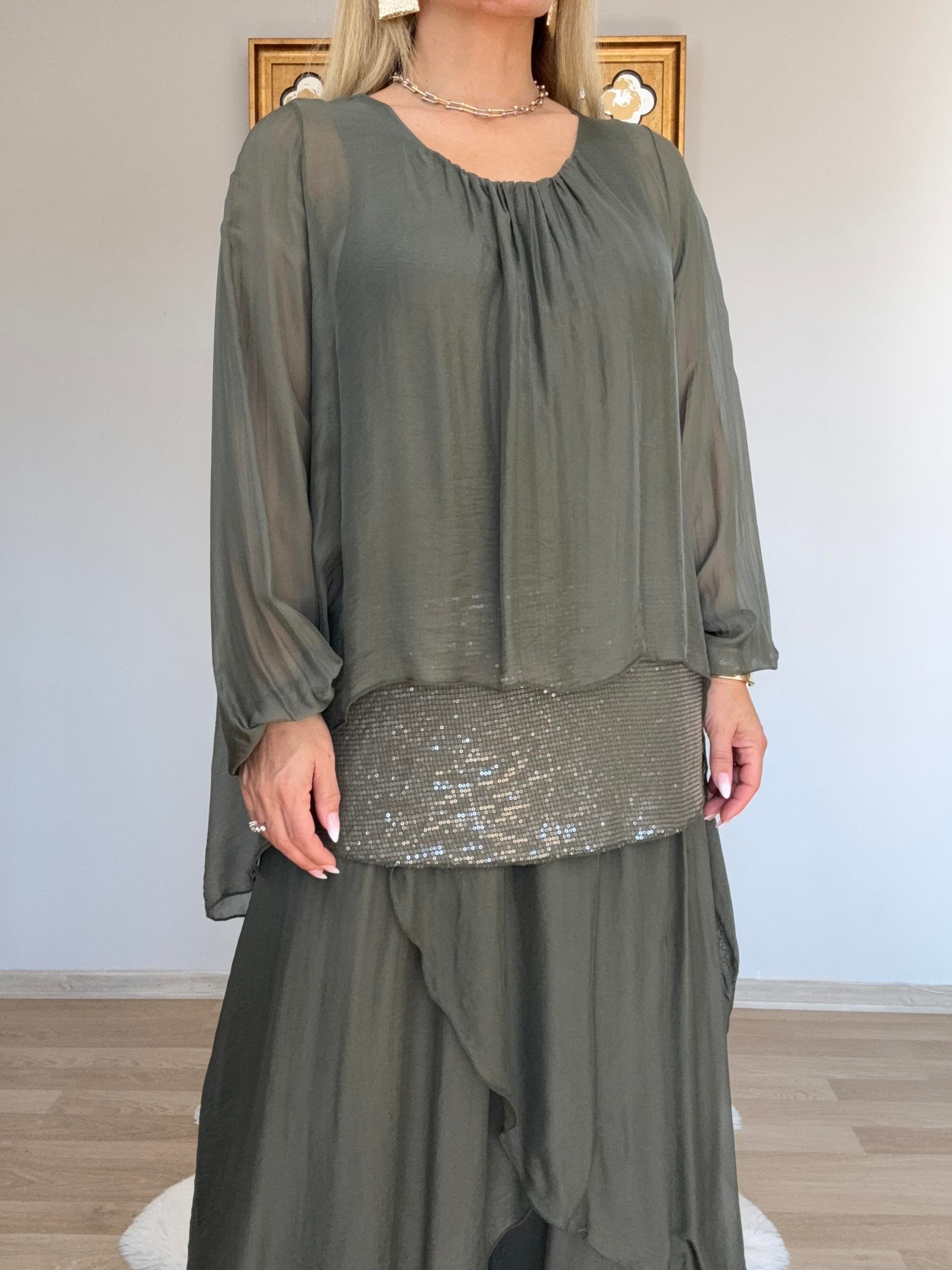 614 İtalyan Pul Detaylı Asimetrik Bluz Pantolon  Takım 