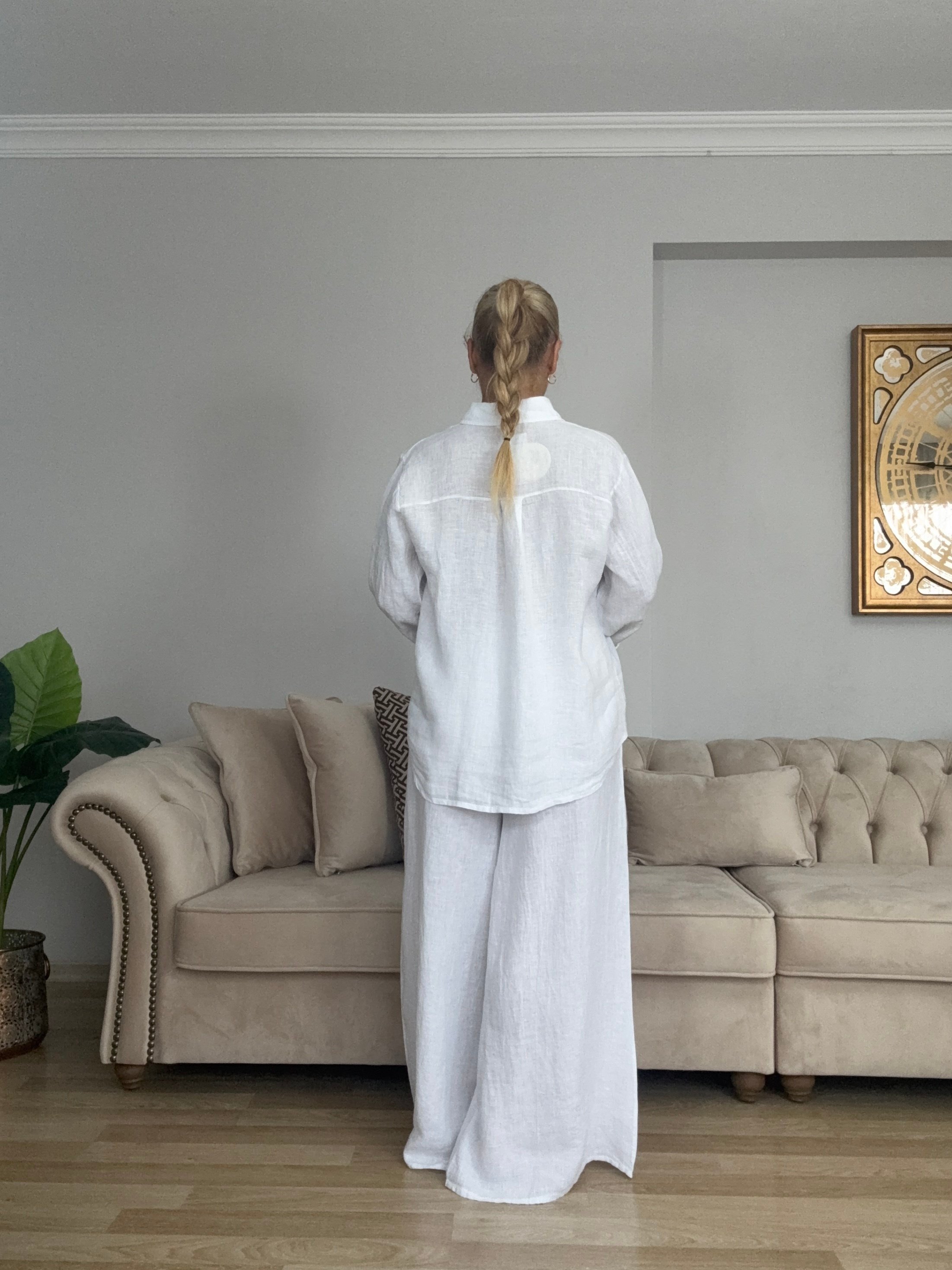 811 Pul Detaylı Dantelli Hasır Kemerli Keten Takım