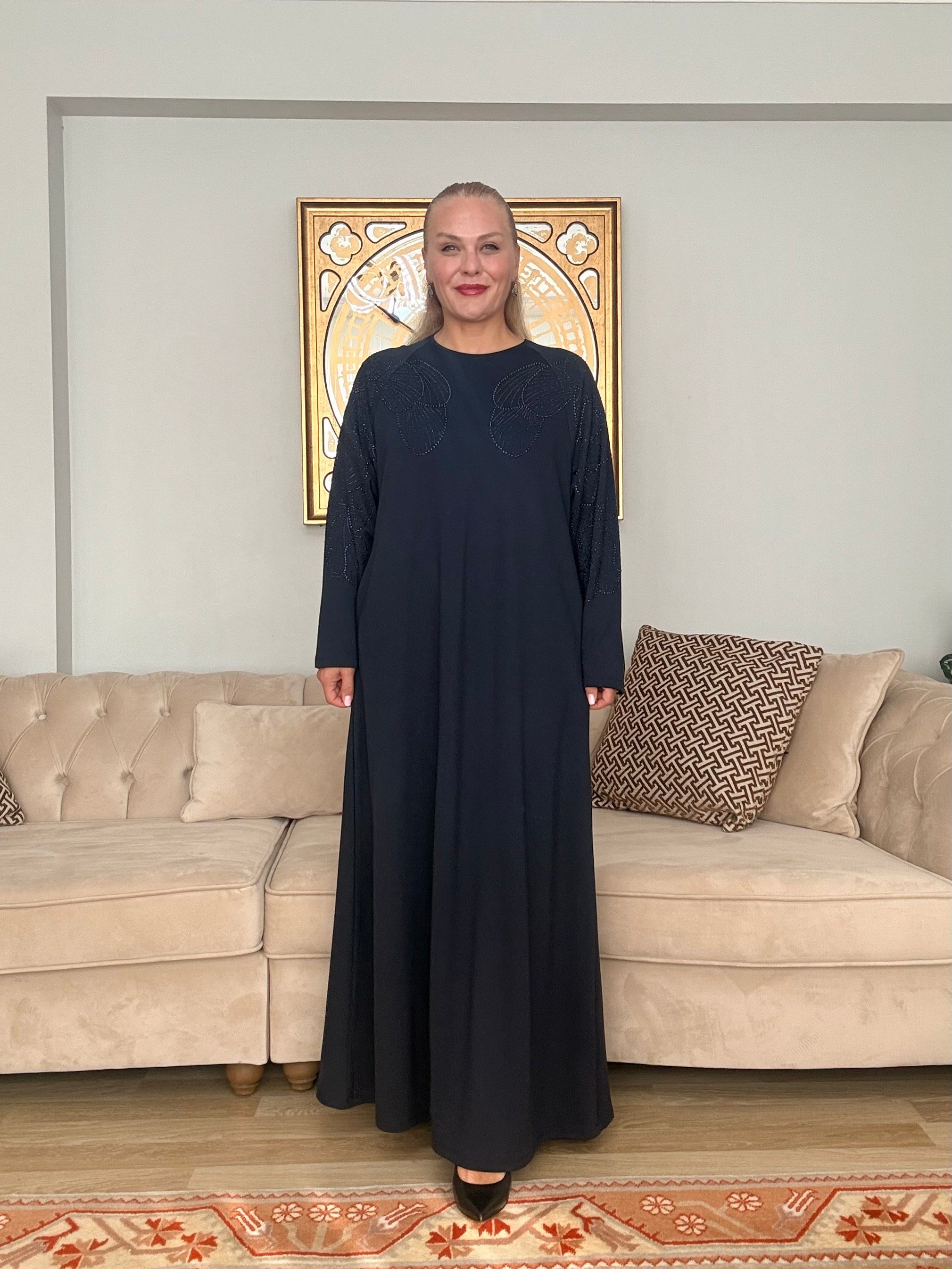 947 Taşlı Ve Cepli Klasik Elbise