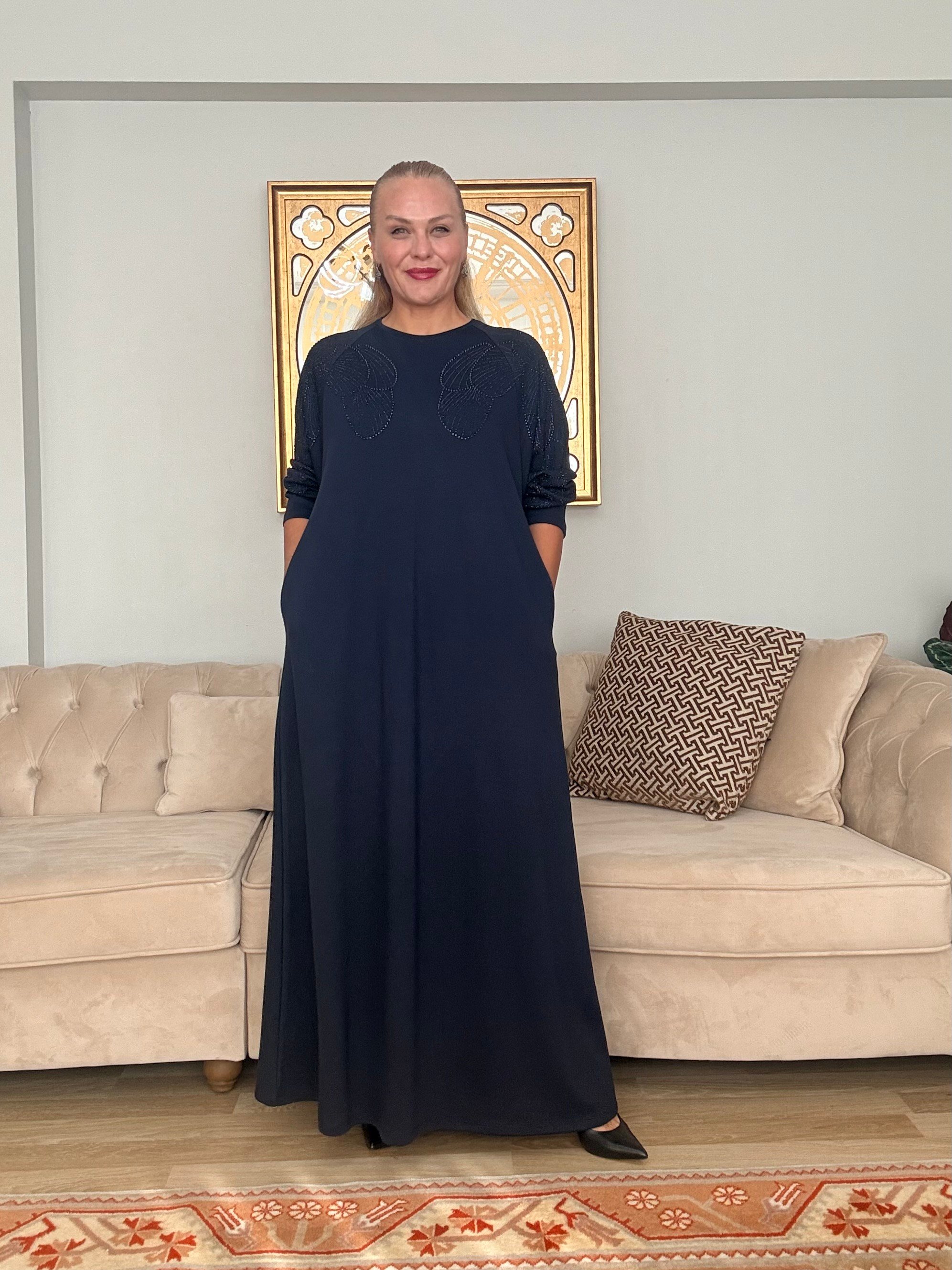 947 Taşlı Ve Cepli Klasik Elbise