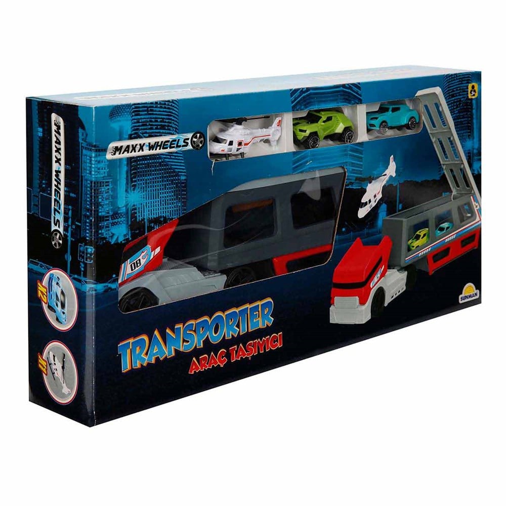 Sunman Oyuncak Maxx Wheels Transporter Helikopterli Araç Taşıyıcı 40 Cm 03581 SUN-MGS-MXX