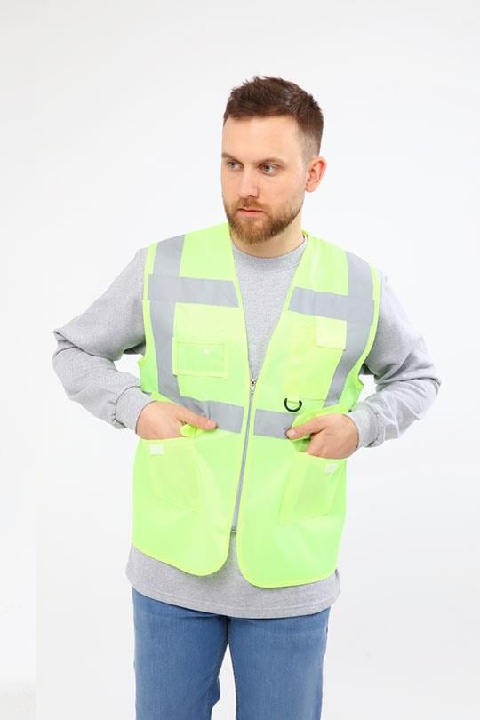 İKAZ YELEĞİ MÜHENDİS CEPLİ FERMUARLI-Neon Sarı