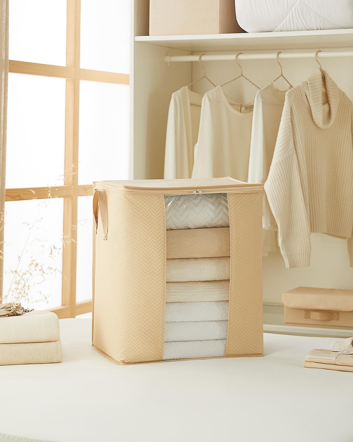  2'li Pvc Pencereli Bej Balıksırtı Hurç Set 45 x 30 x 50 cm