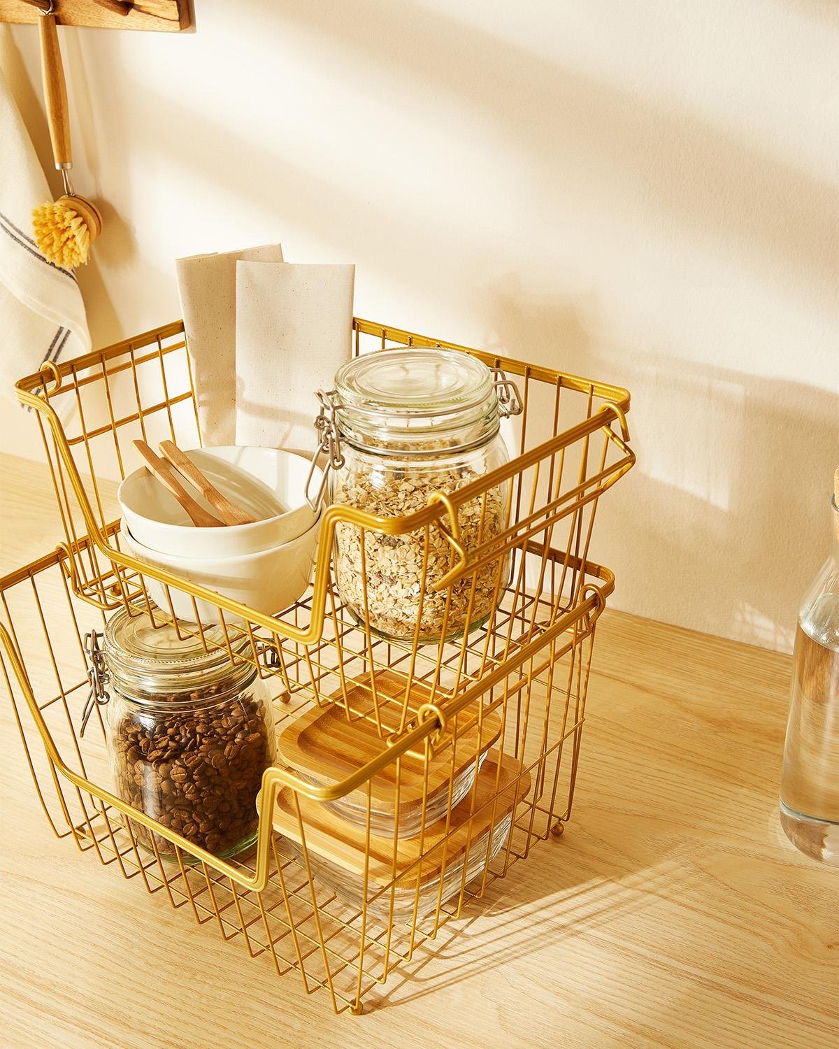 2'li Altın Renk Metal Sepet Set 32 x 22 x 16 / 33 x 27 x 20 cm