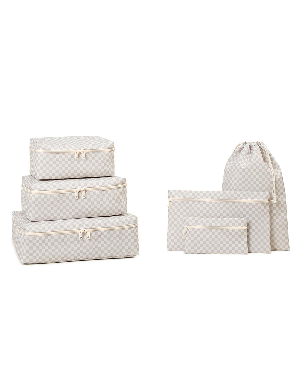 6'lı Yıkanabilir Gri Dama Desen Pamuklu Bavul İçi Düzenleyici Set