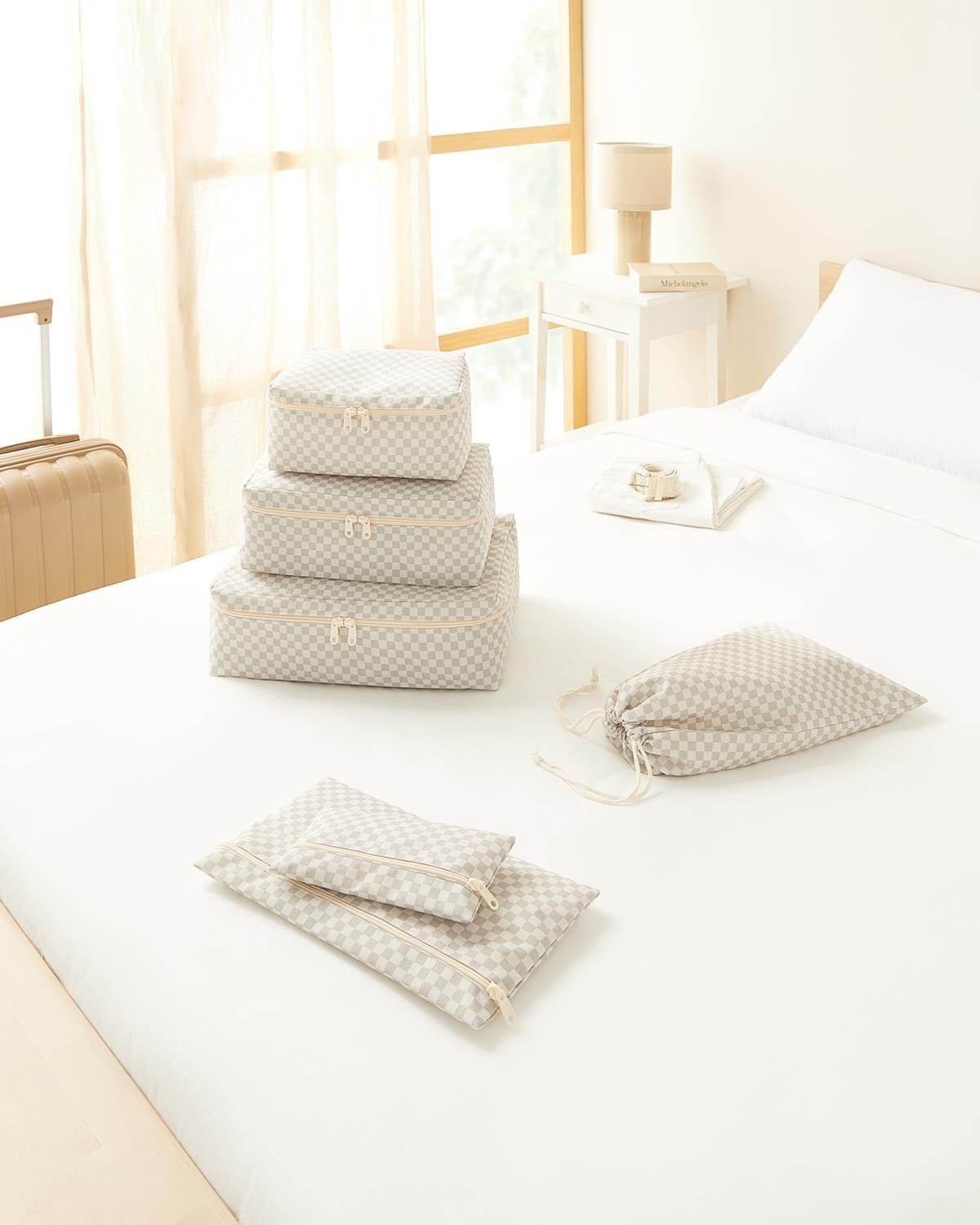 6'lı Yıkanabilir Gri Dama Desen Pamuklu Bavul İçi Düzenleyici Set