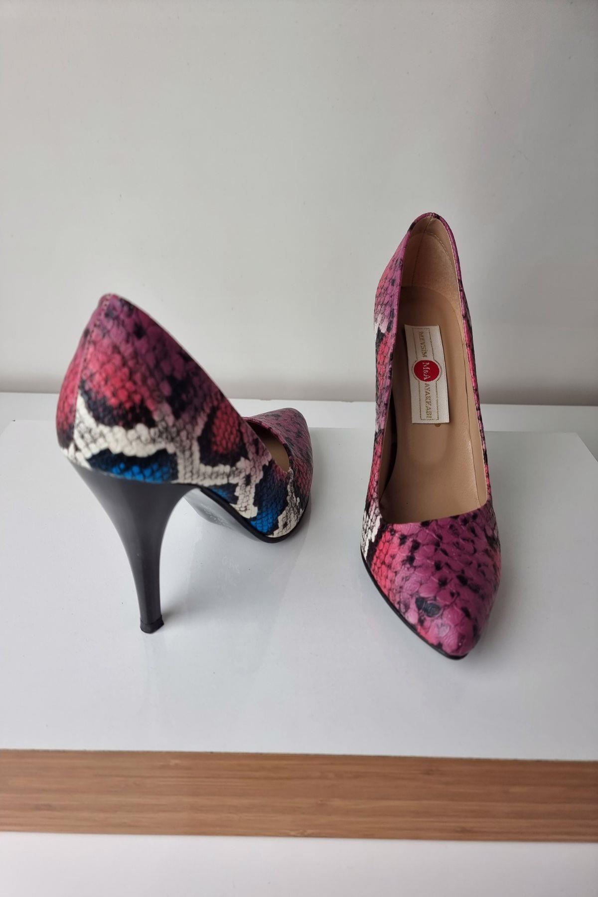 1150 Kadın Stiletto Topuklu Ayakkabı Fuşya Yılan
