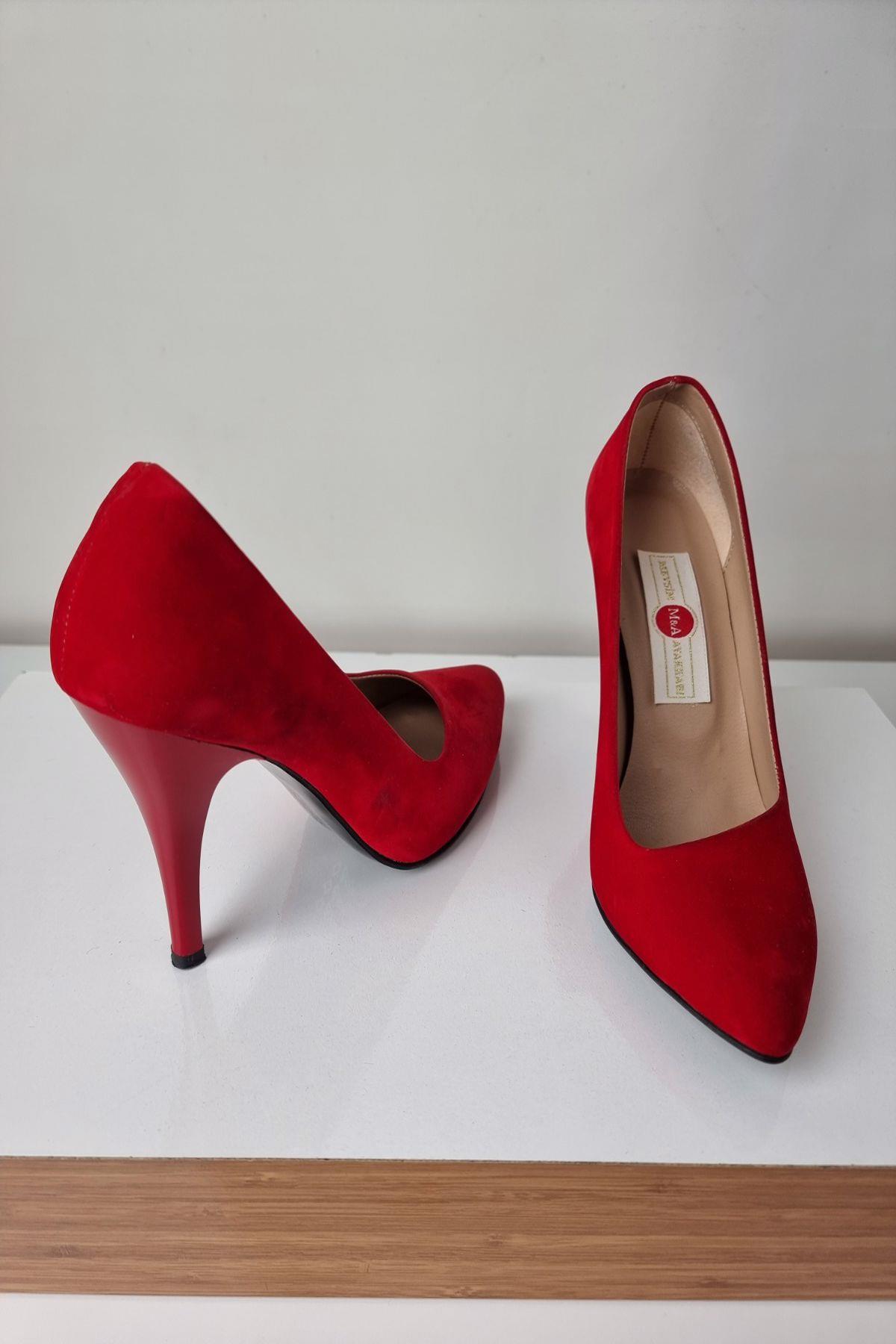 1150 Kadın Stiletto Topuklu Ayakkabı Kırmızı Süet