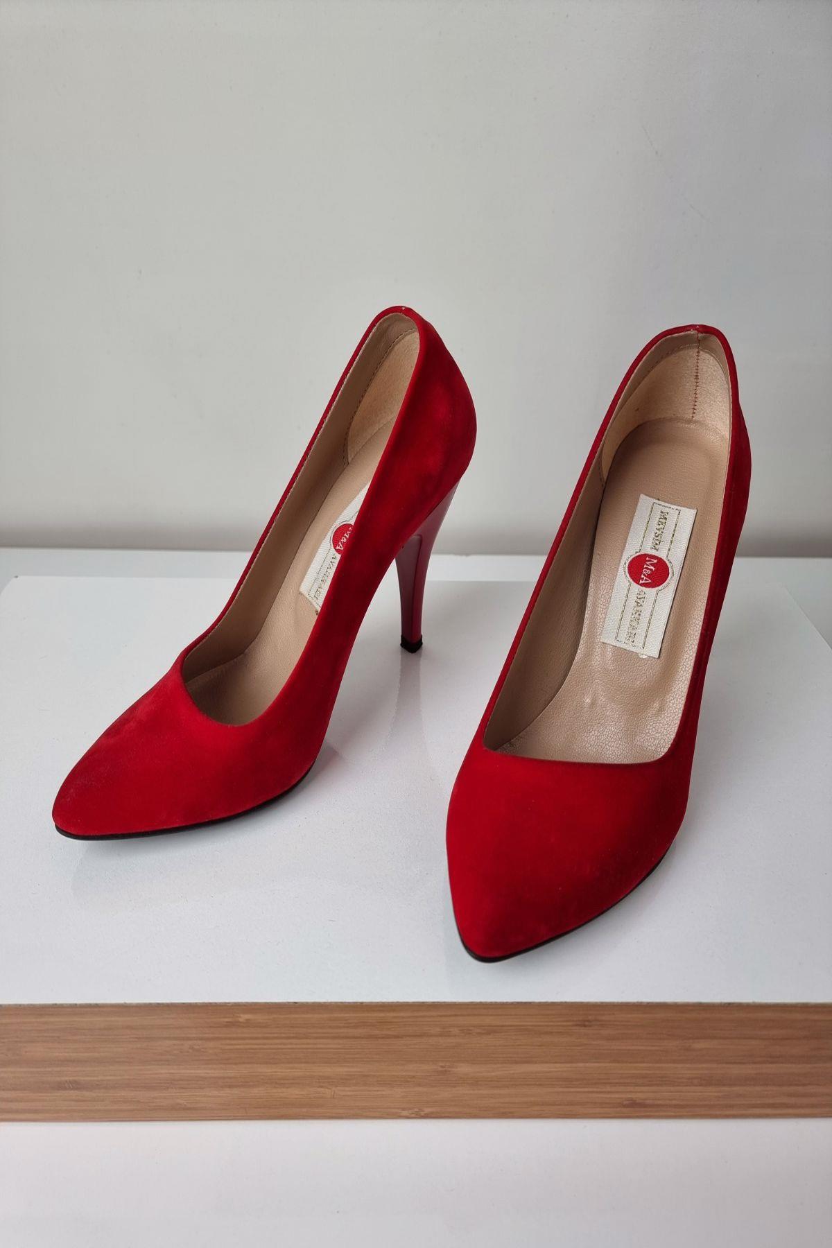 1150 Kadın Stiletto Topuklu Ayakkabı Kırmızı Süet