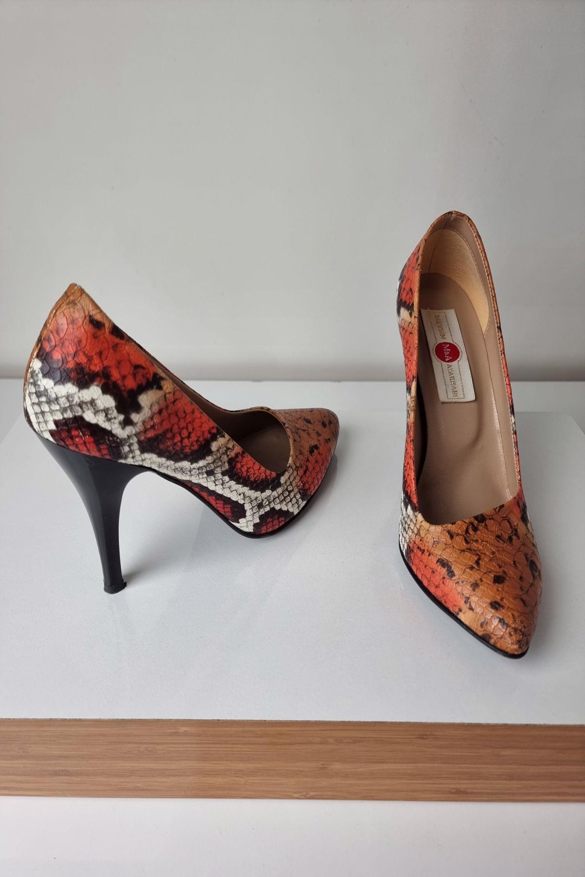 1150 Kadın Stiletto Topuklu Ayakkabı Taba Yılan