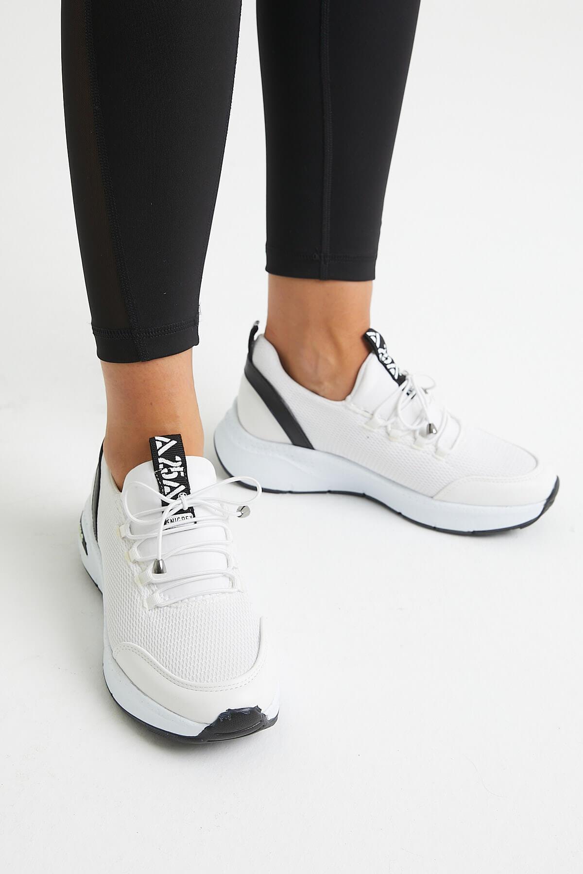 2115004 Kadın Deri Streç Sneaker Spor Ayakkabı Beyaz