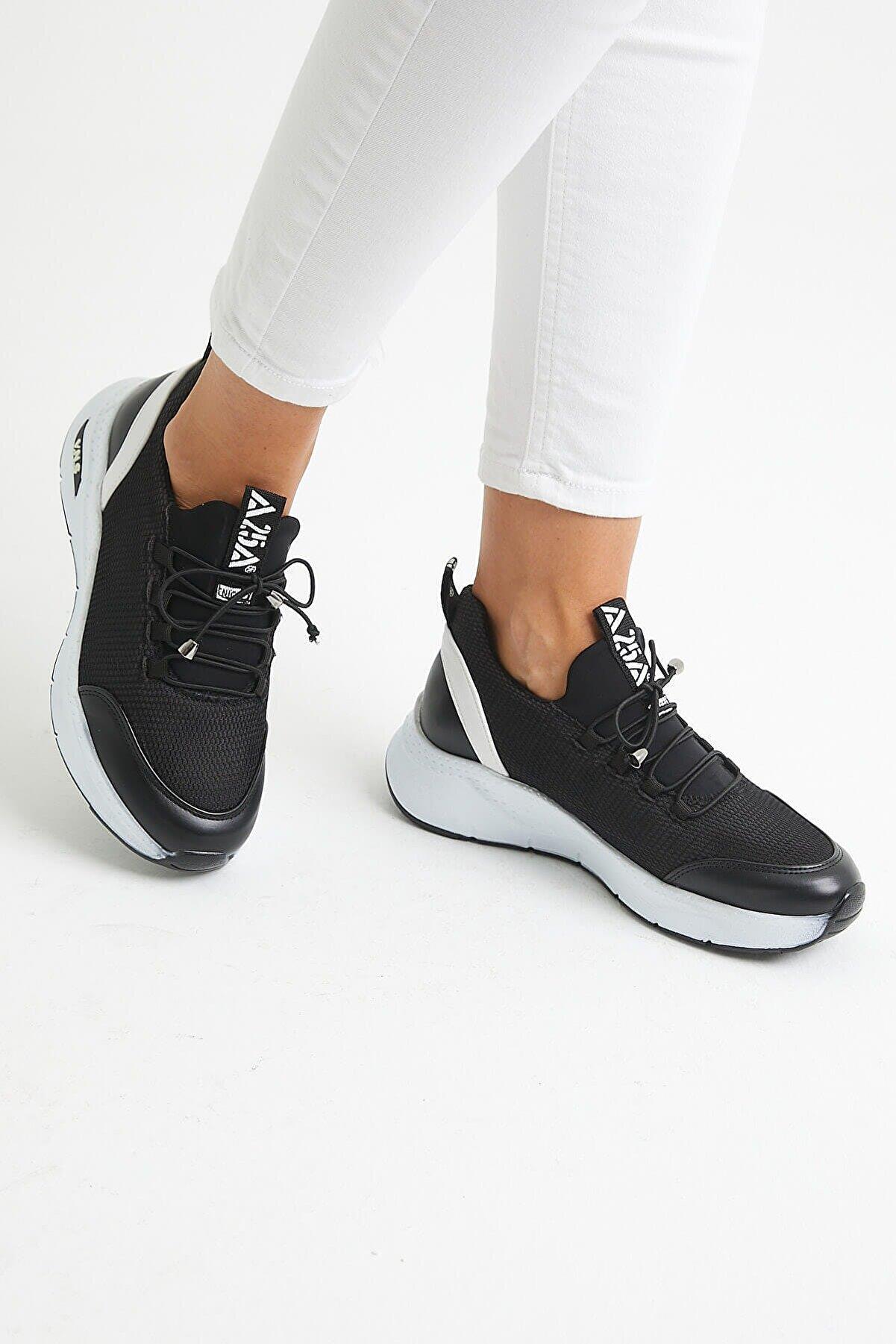 2115004 Kadın Deri Streç Sneaker Spor Ayakkabı Siyah