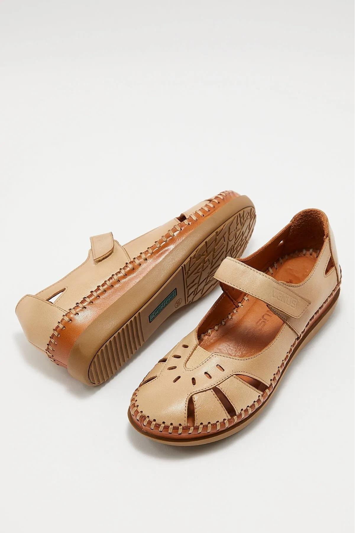 22793524 Kadın Comfort Hakiki Deri Sandalet  Bej