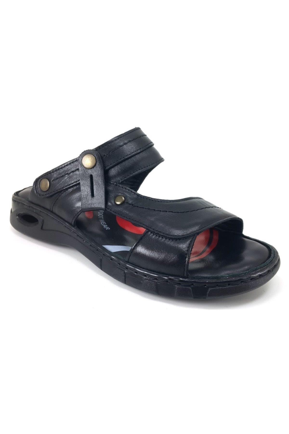 M40507 Hakiki Deri Erkek Anatomik Terlik Sandalet Siyah
